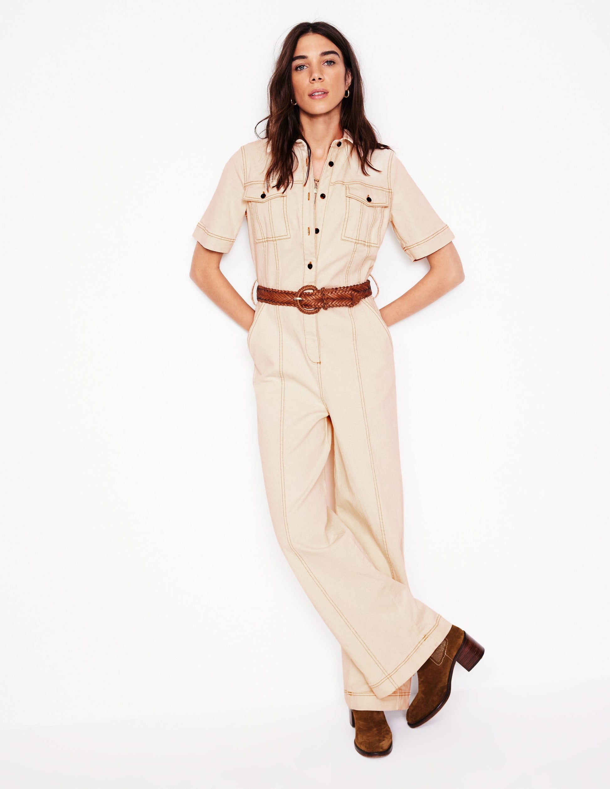 Short Sleeve Denim Jumpsuit-Ecru-5