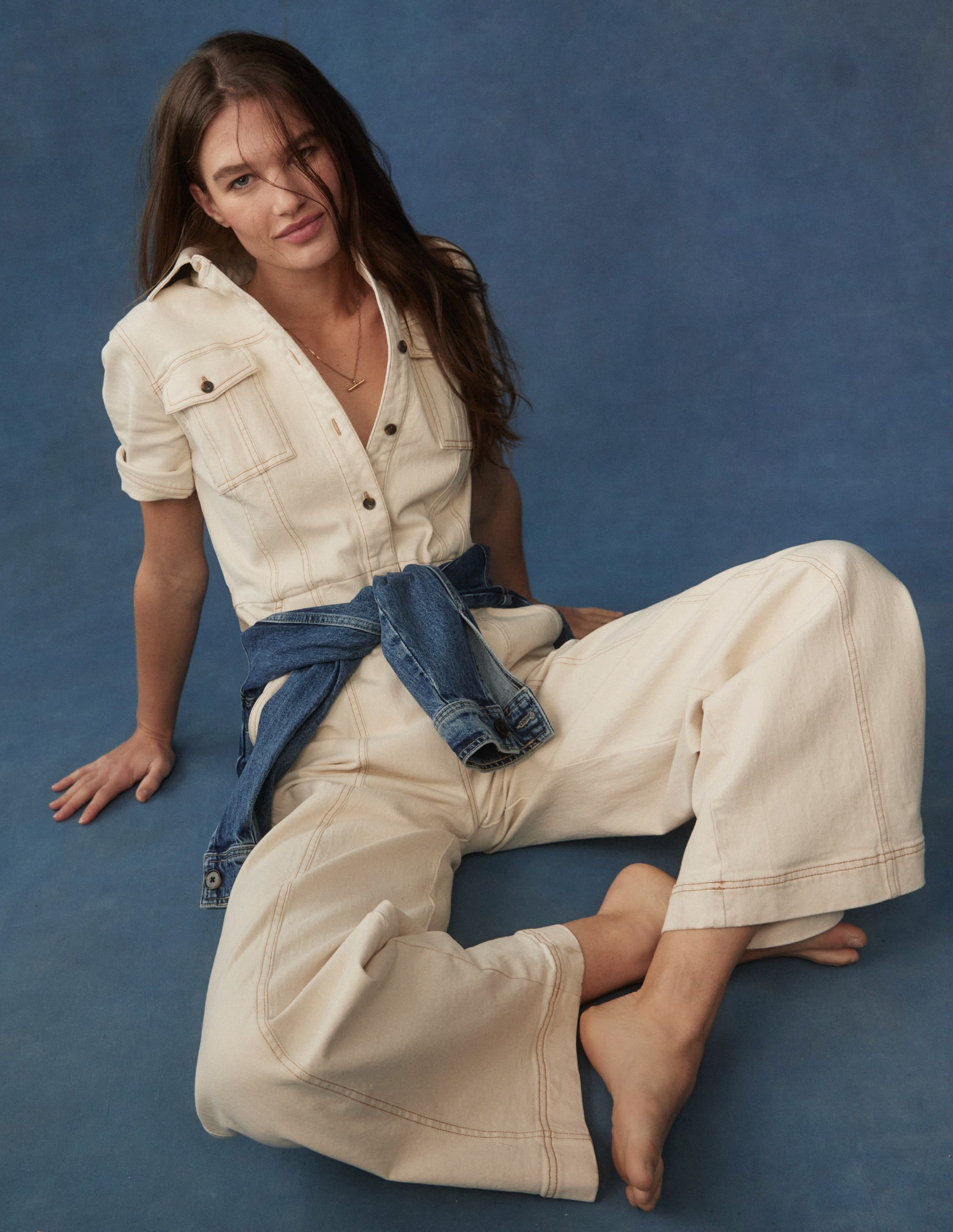 Short Sleeve Denim Jumpsuit-Ecru - Image 1