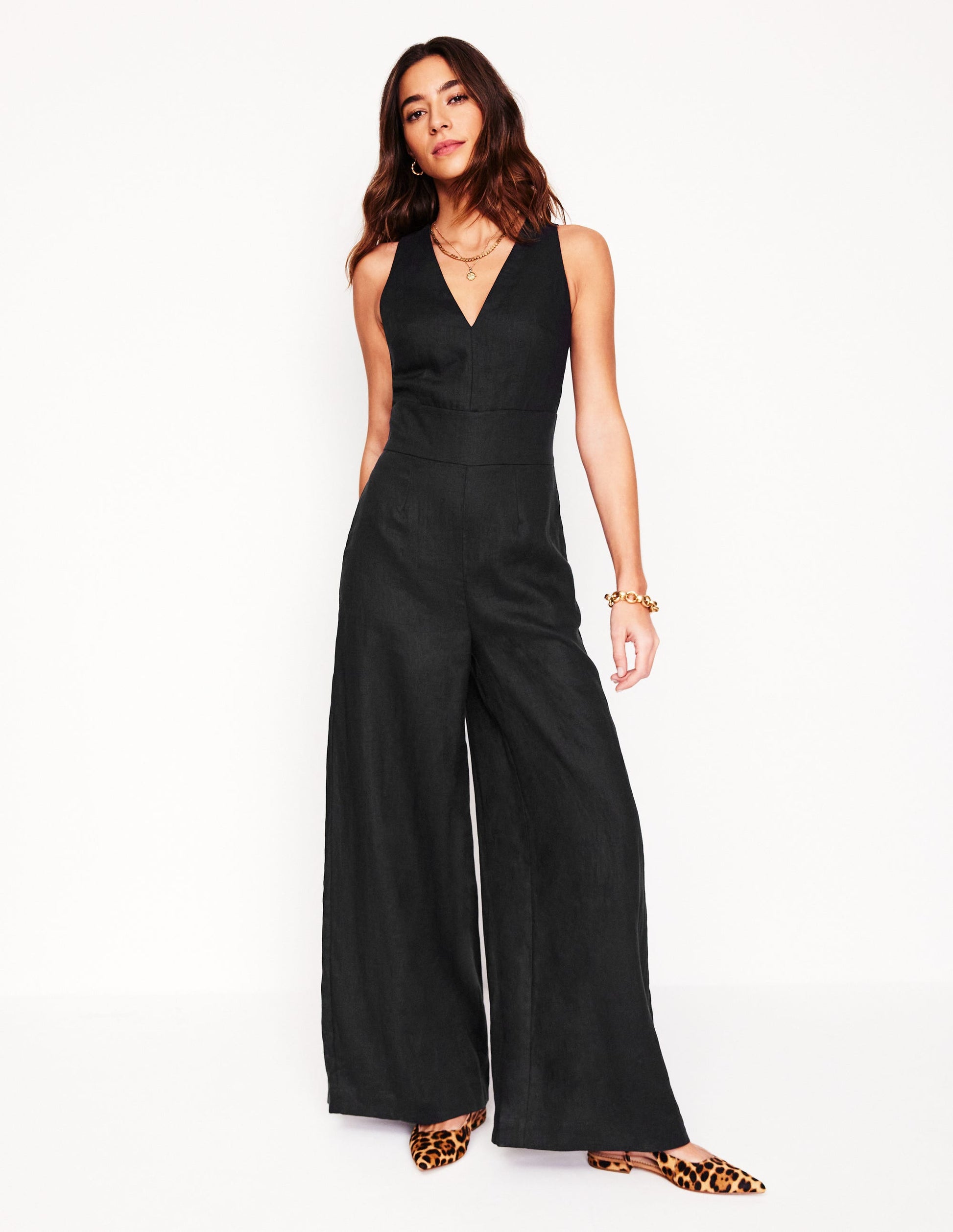 V-Neck Linen Jumpsuit-Black Boden UK - Main Image