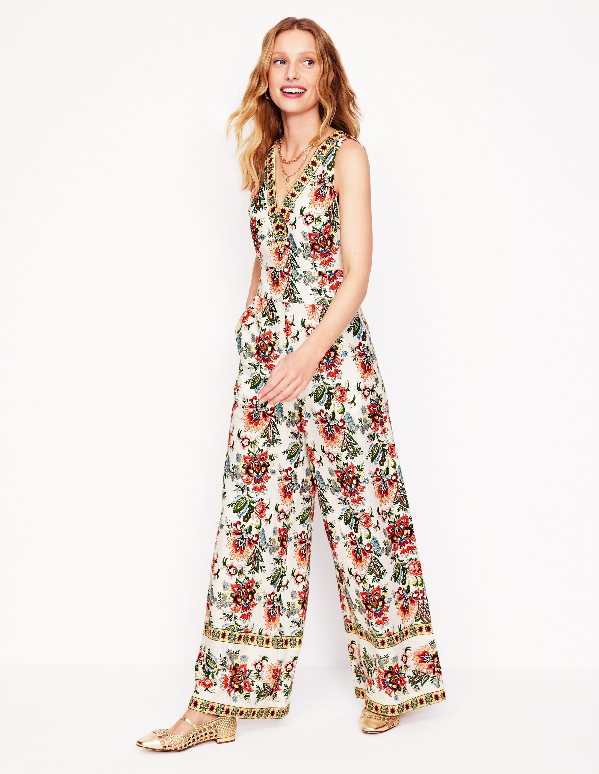 V-Neck Linen Jumpsuit-Ivory, Botanica Terrace - Image 1