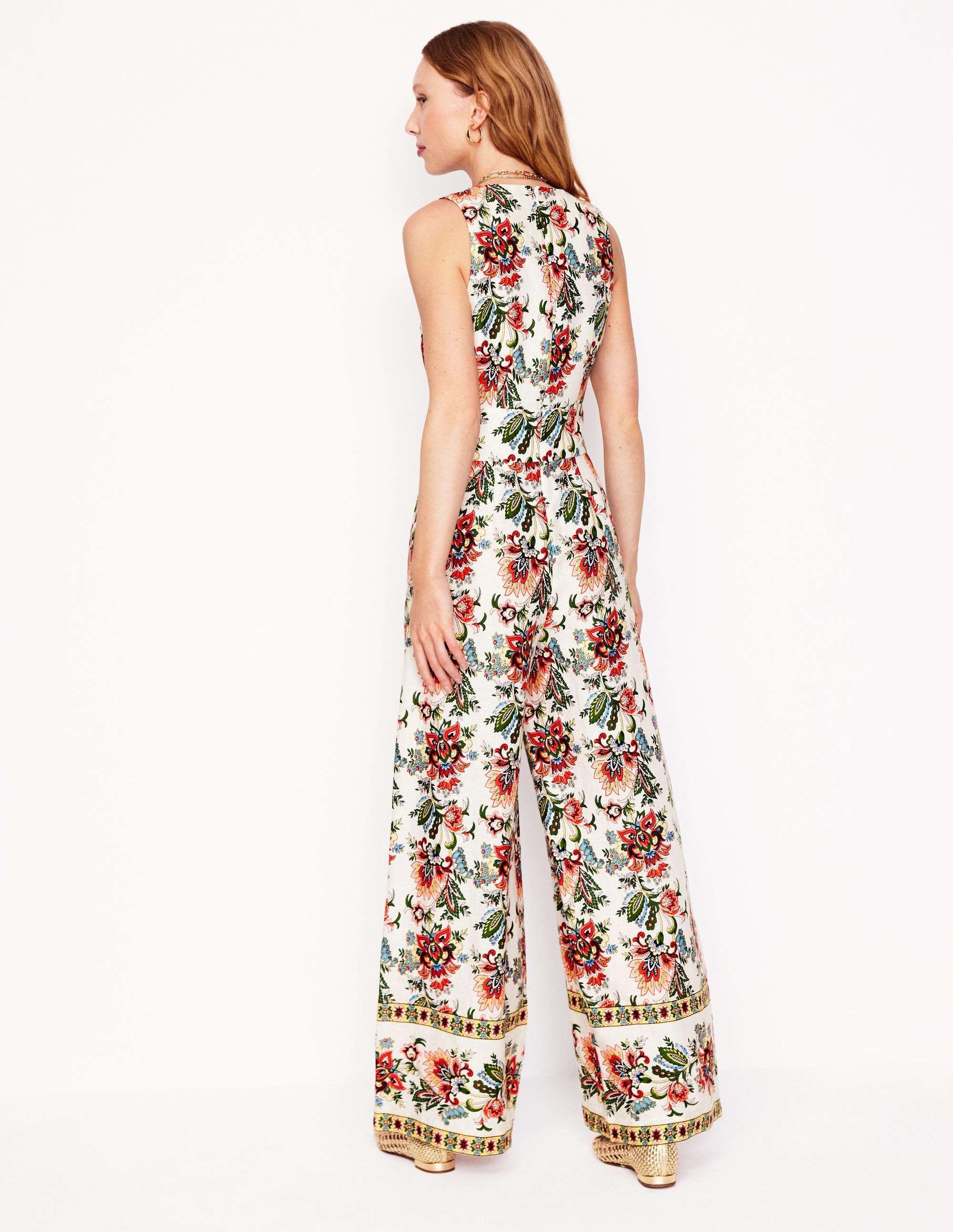 V-Neck Linen Jumpsuit-Ivory, Botanica Terrace - Image 3