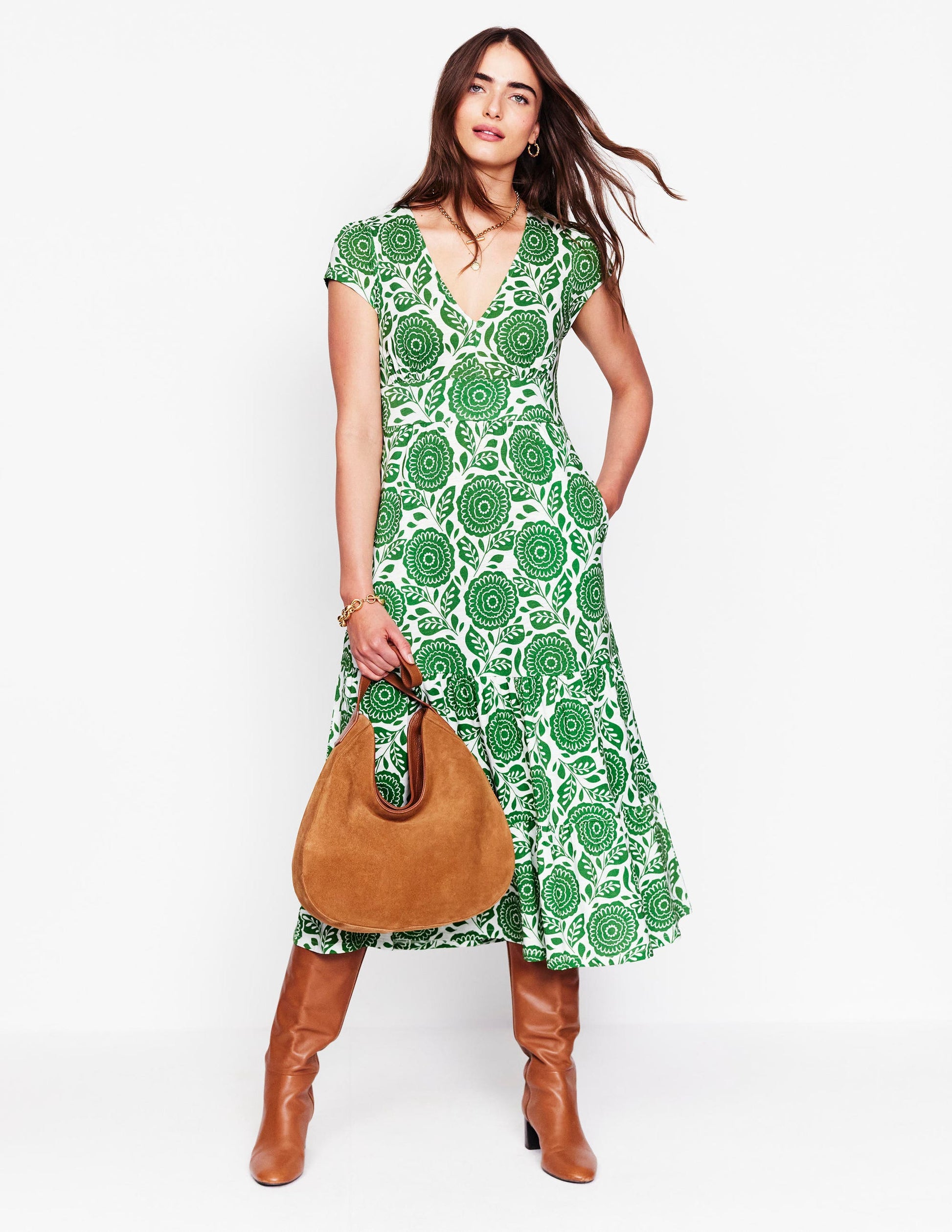 boden eloise jersey dress Eloise Tiered Jersey Dress - Paradise Green, Dahlia Stamp