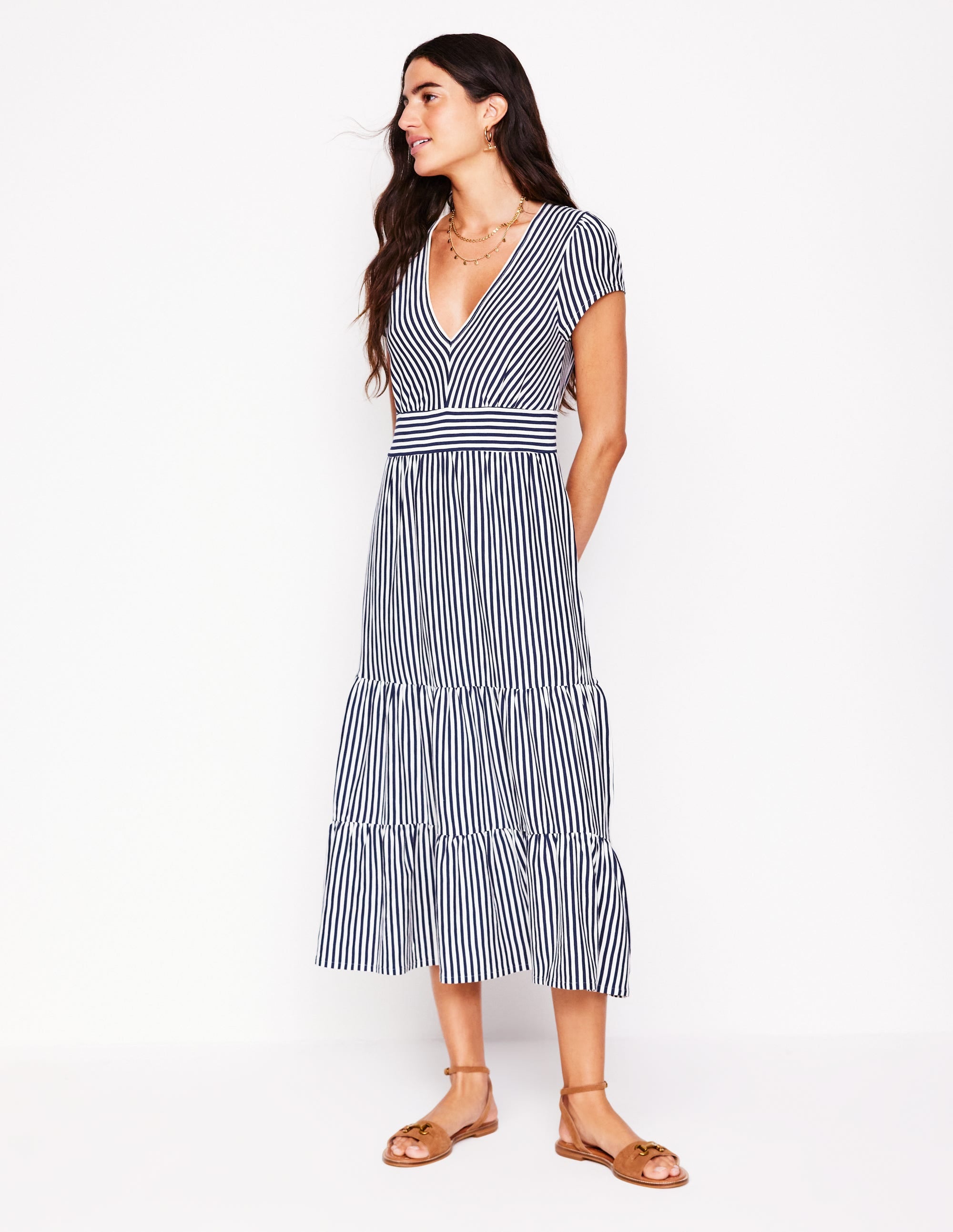 Eloise Tiered Jersey Dress-French Navy and Ivory Stripe - Image 1
