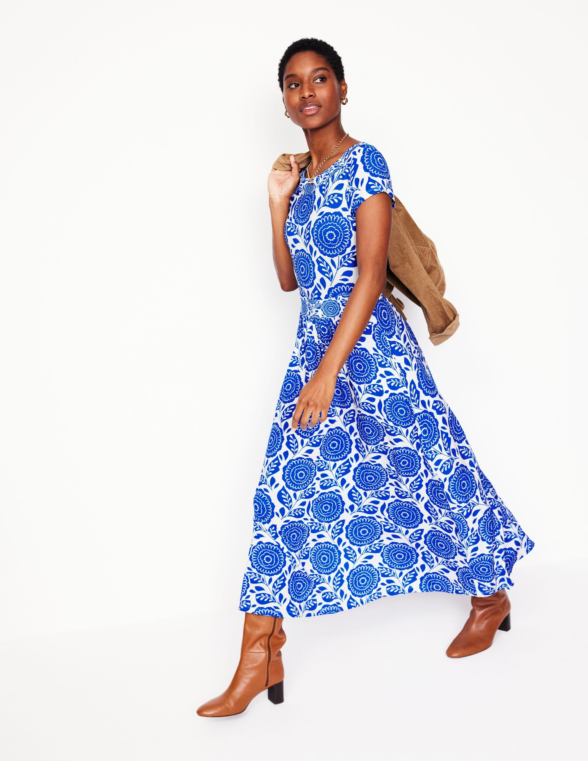 Melanie Jersey Midi Dress-Gallery Blue, Dahlia Stamp - Image 4