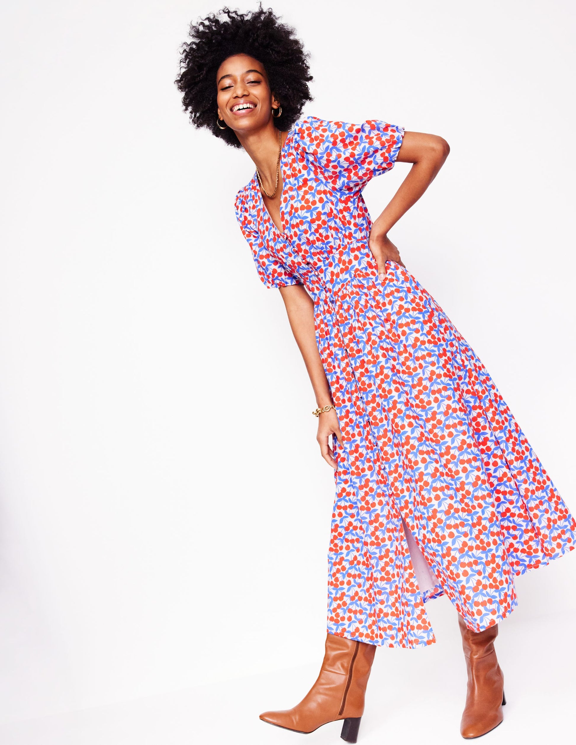 Lillian Cotton Midi Dress-Chalk Pink, Cherry Cascade Lillian Cotton Midi Dress-Chalk Pink, Cherry Cascade