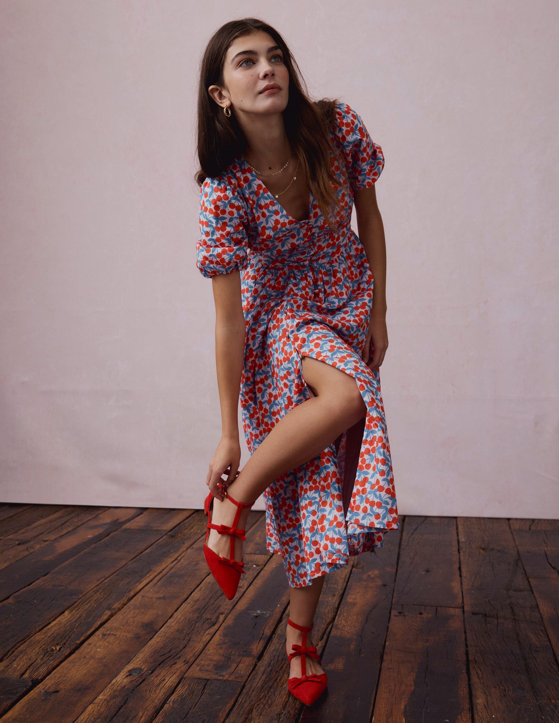 Lillian Cotton Midi Dress-Chalk Pink, Cherry Cascade | Boden UK Lillian Cotton Midi Dress-Chalk Pink, Cherry Cascade | Boden UK