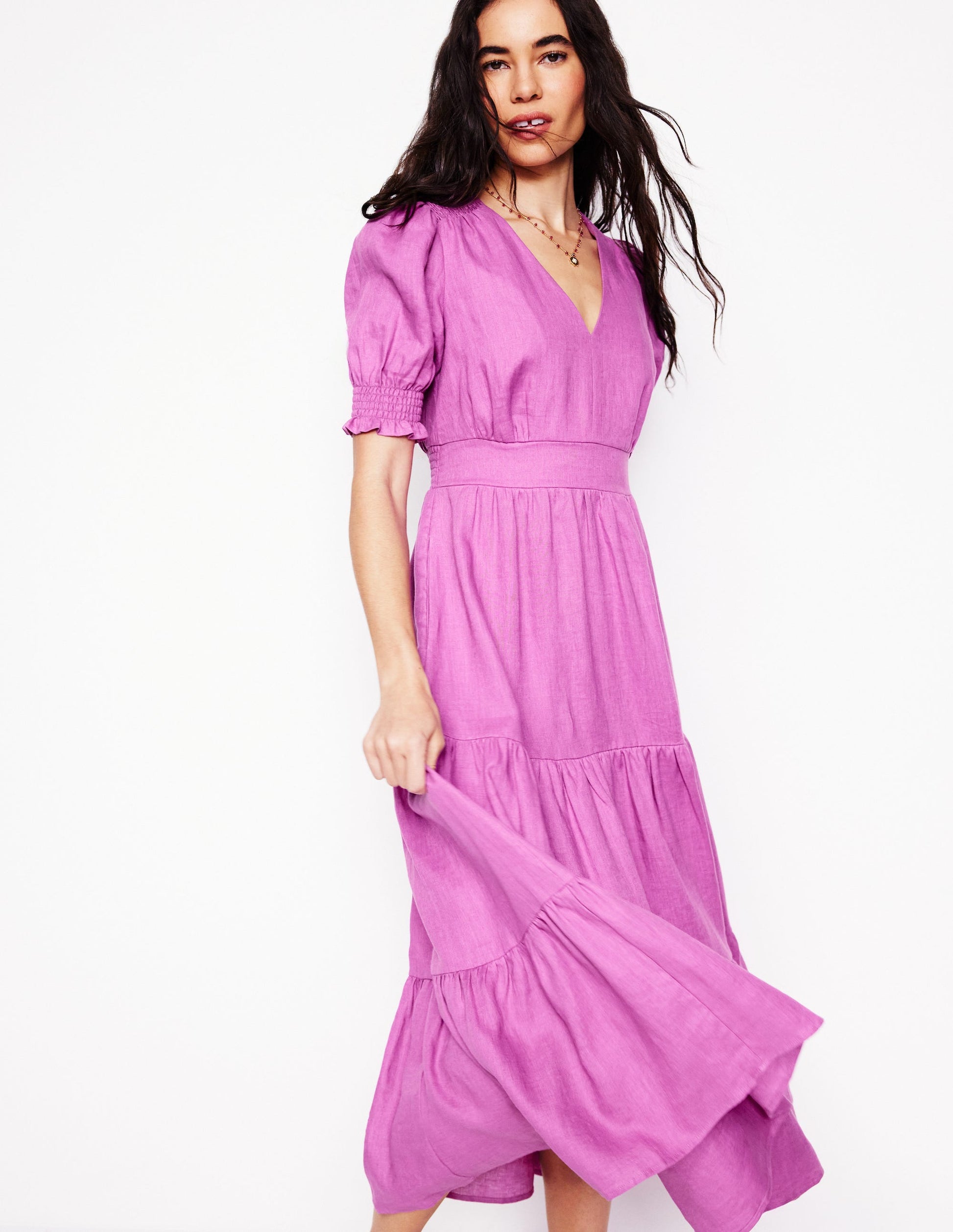 Anna Linen Tiered Midi Dress-Foxglove Purple | Boden UK Anna Linen Tiered Midi Dress-Foxglove Purple | Boden UK
