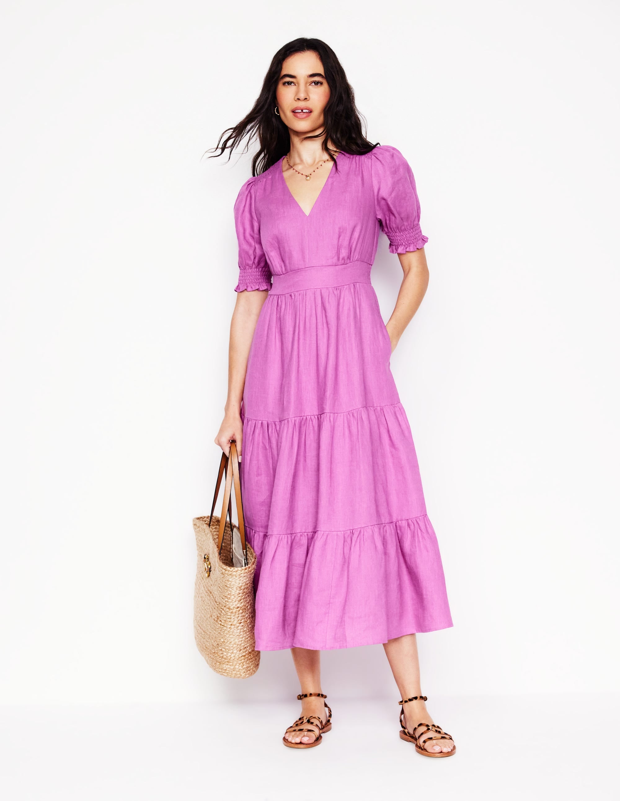 Anna Linen Tiered Midi Dress-Foxglove Purple - Image 4