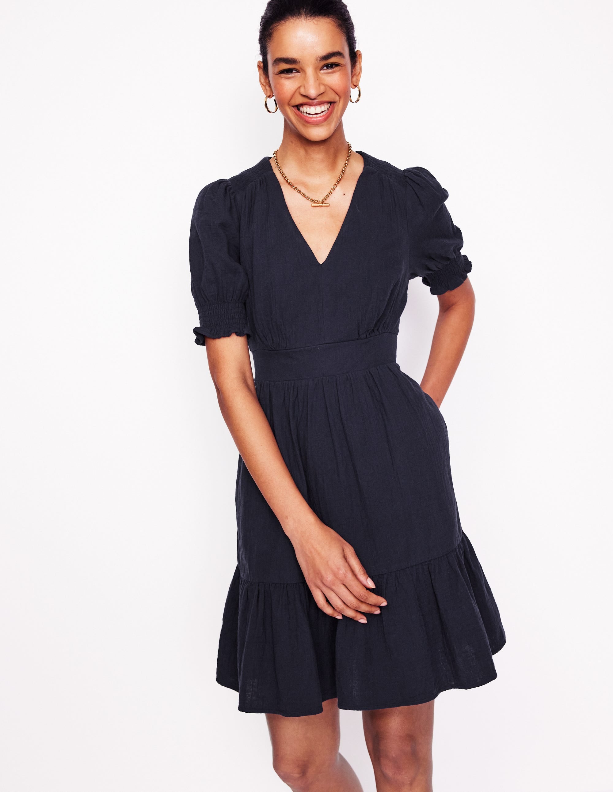 Anna Double Cloth Short Dress-Navy - Image 4
