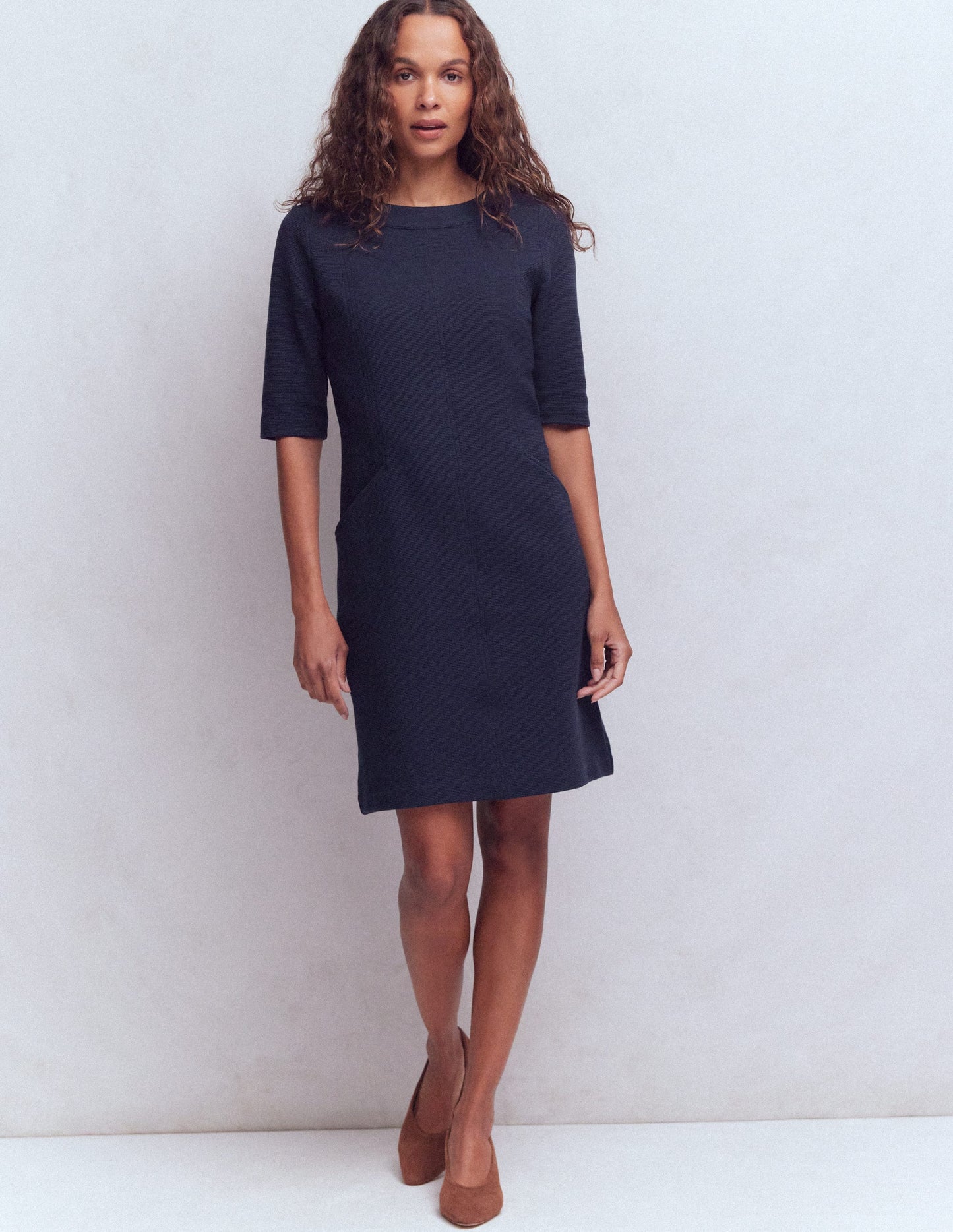 Neckband Ottoman Shift Dress-Navy
