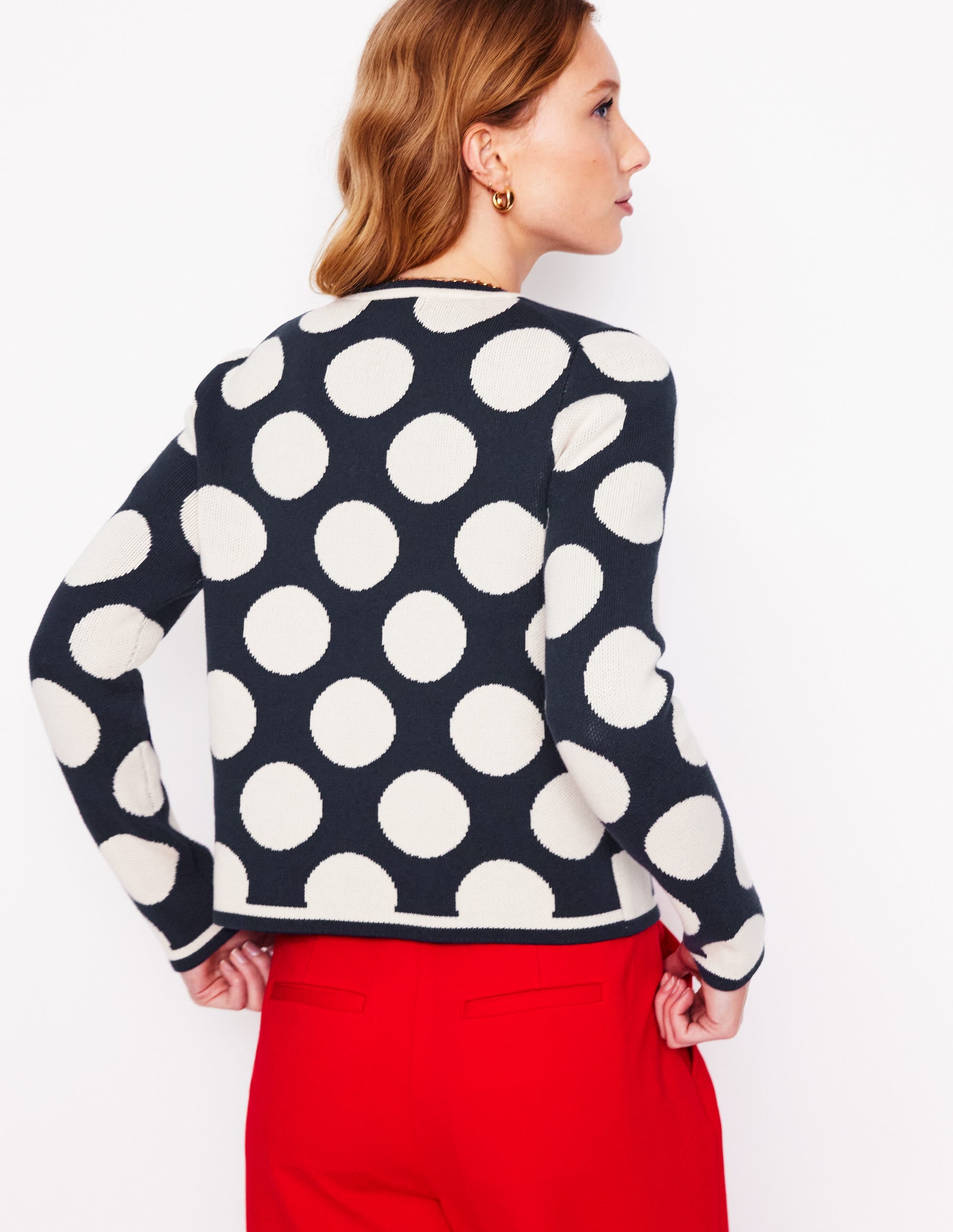 Holly Knitted Jacket-French Navy, Large Ivory Spot - Image 3
