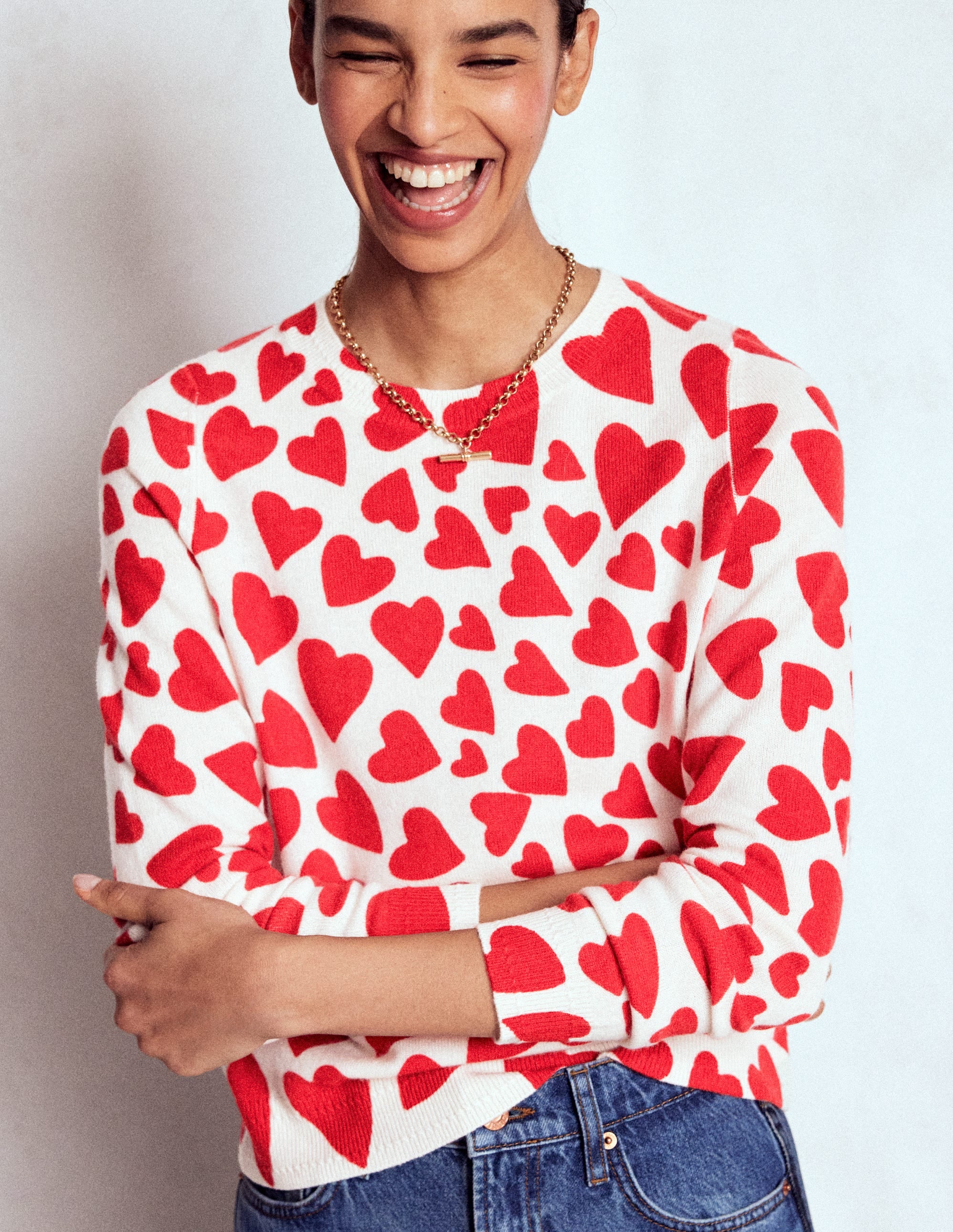 Eva Cashmere Crew Neck Jumper-Ivory, Heart Cluster - Image 1