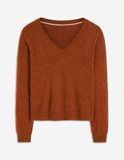 Eva Cashmere V-neck Jumper-Cognac Melange-5