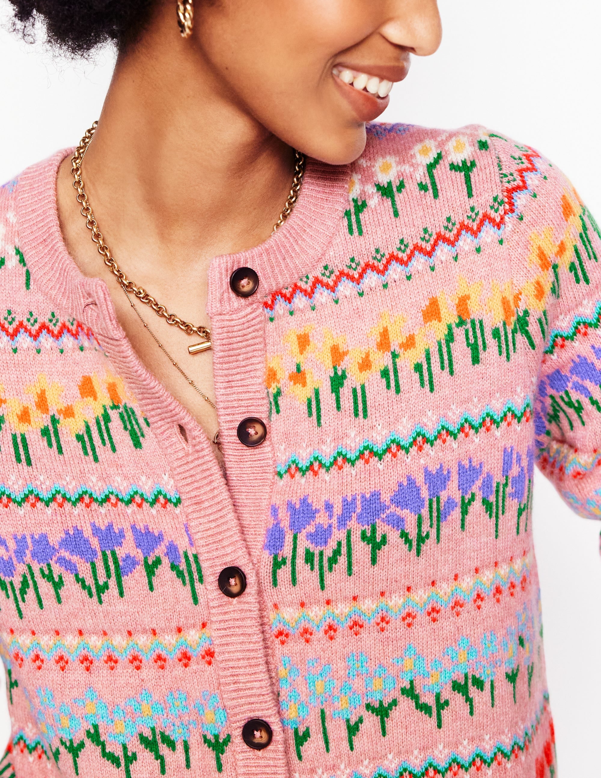 Edie Fair Isle Cardigan-Meadowsweet Pink, Flowers - Image 3