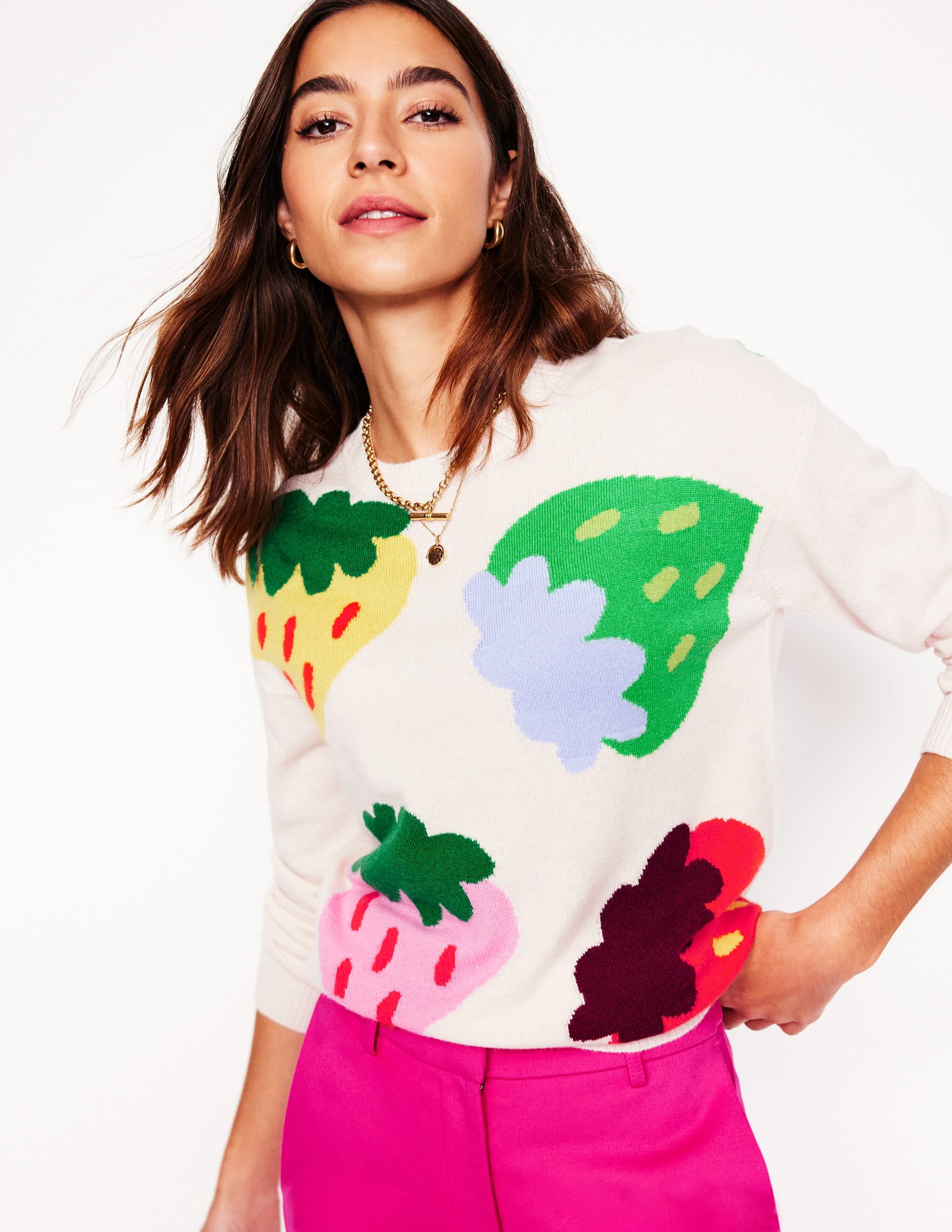 Lydia Cashmere Jumper-Ecru, Strawberries - Image 1