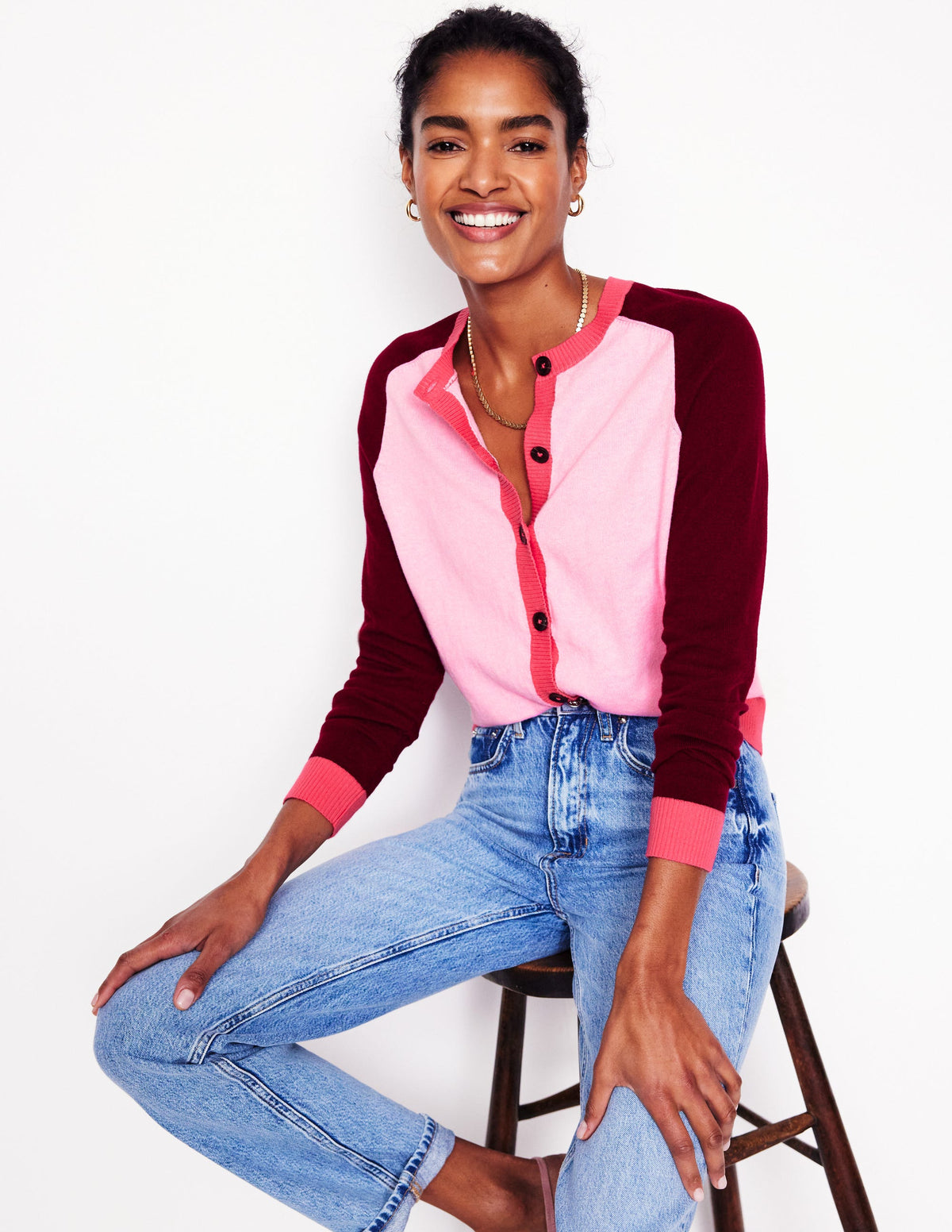 Meg Raglan Sleeve Cardigan-Soft Pink, Colourblock-1