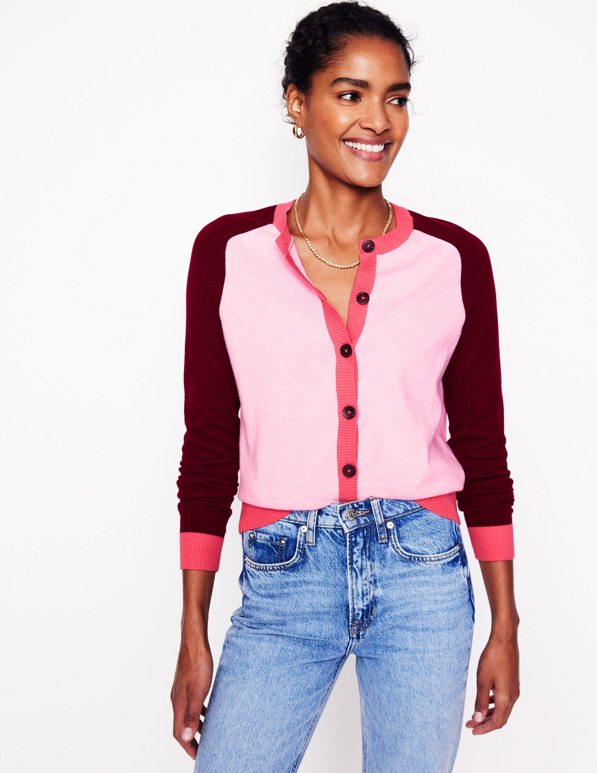 Meg Raglan Sleeve Cardigan-Soft Pink, Colourblock - Image 4