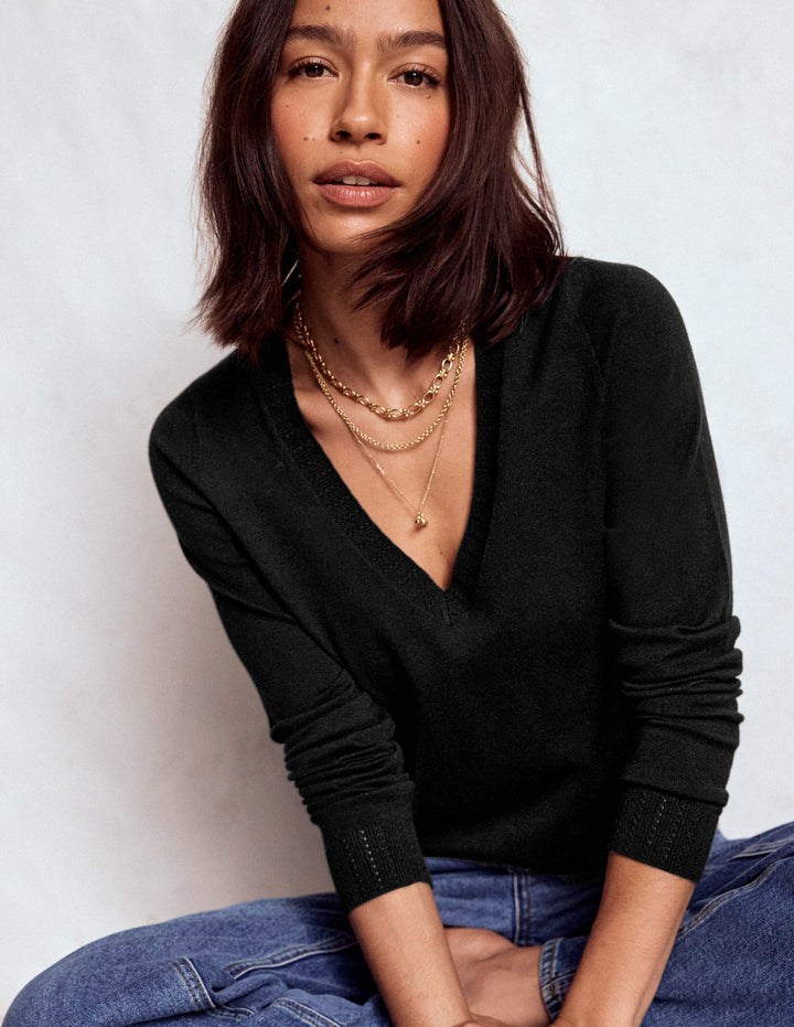 Emilia Cotton V-Neck Jumper-Black