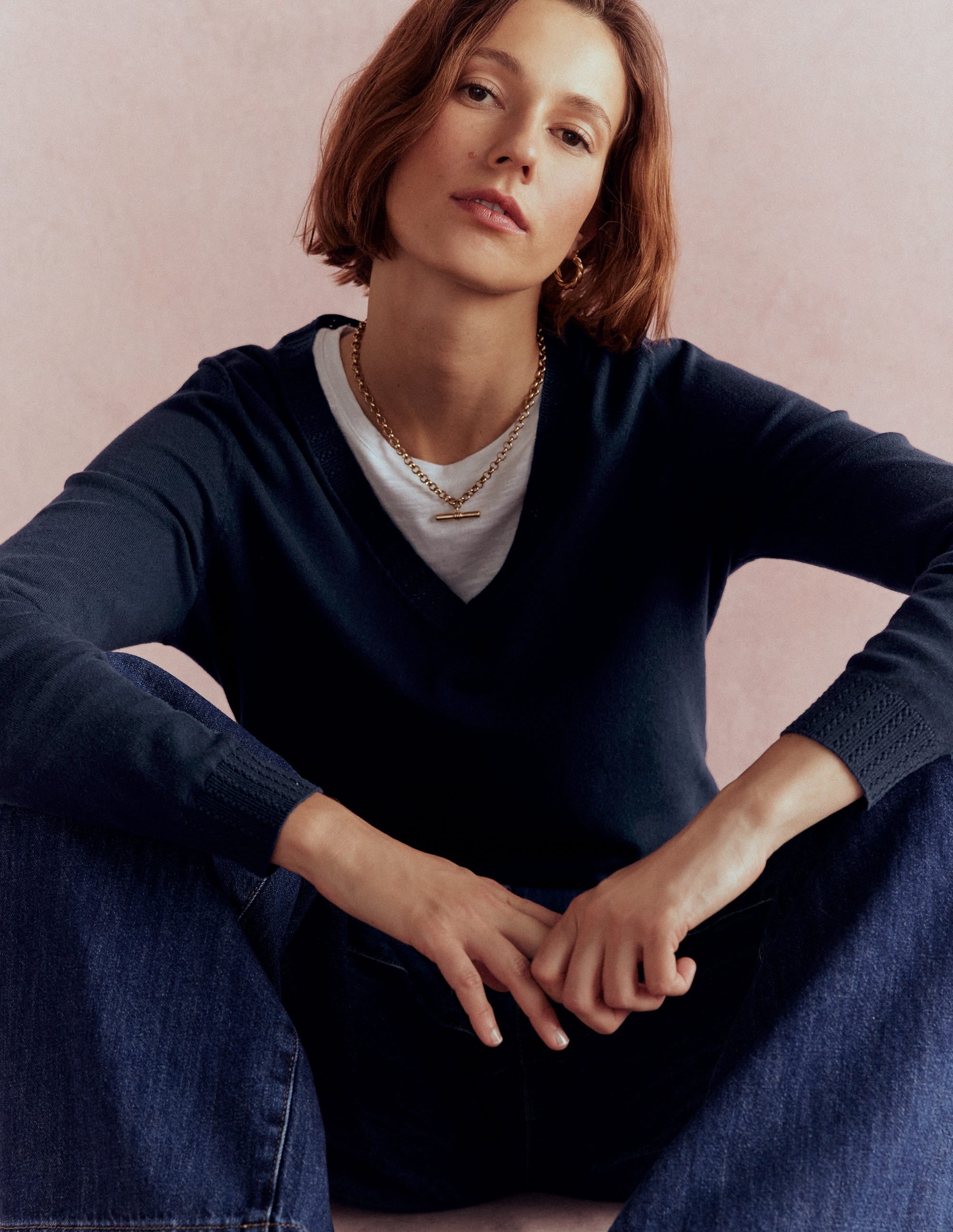 Emilia Cotton V-Neck Jumper-Navy - Image 7