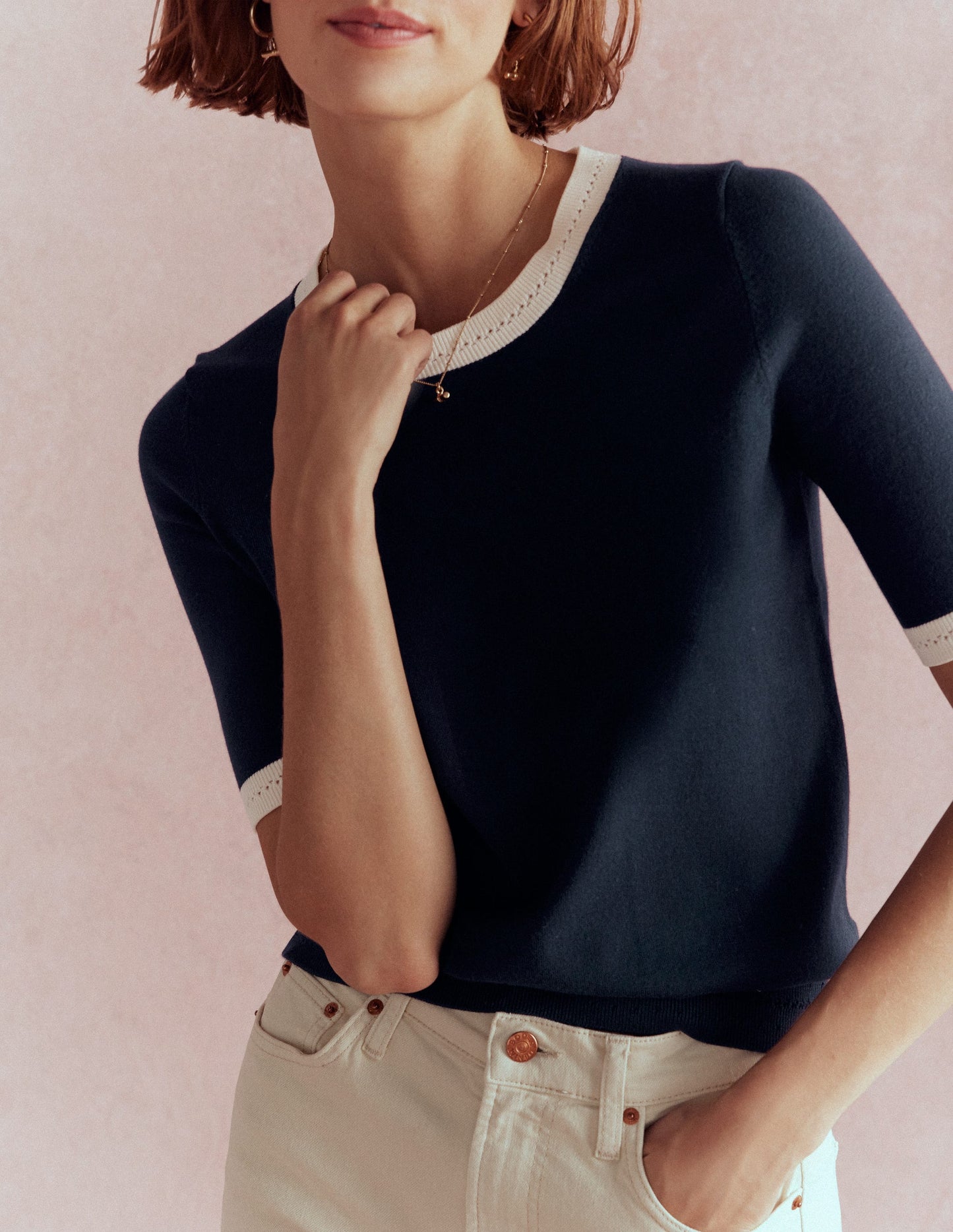 Emilia Cotton Crew T-shirt-Navy, Warm Ivory