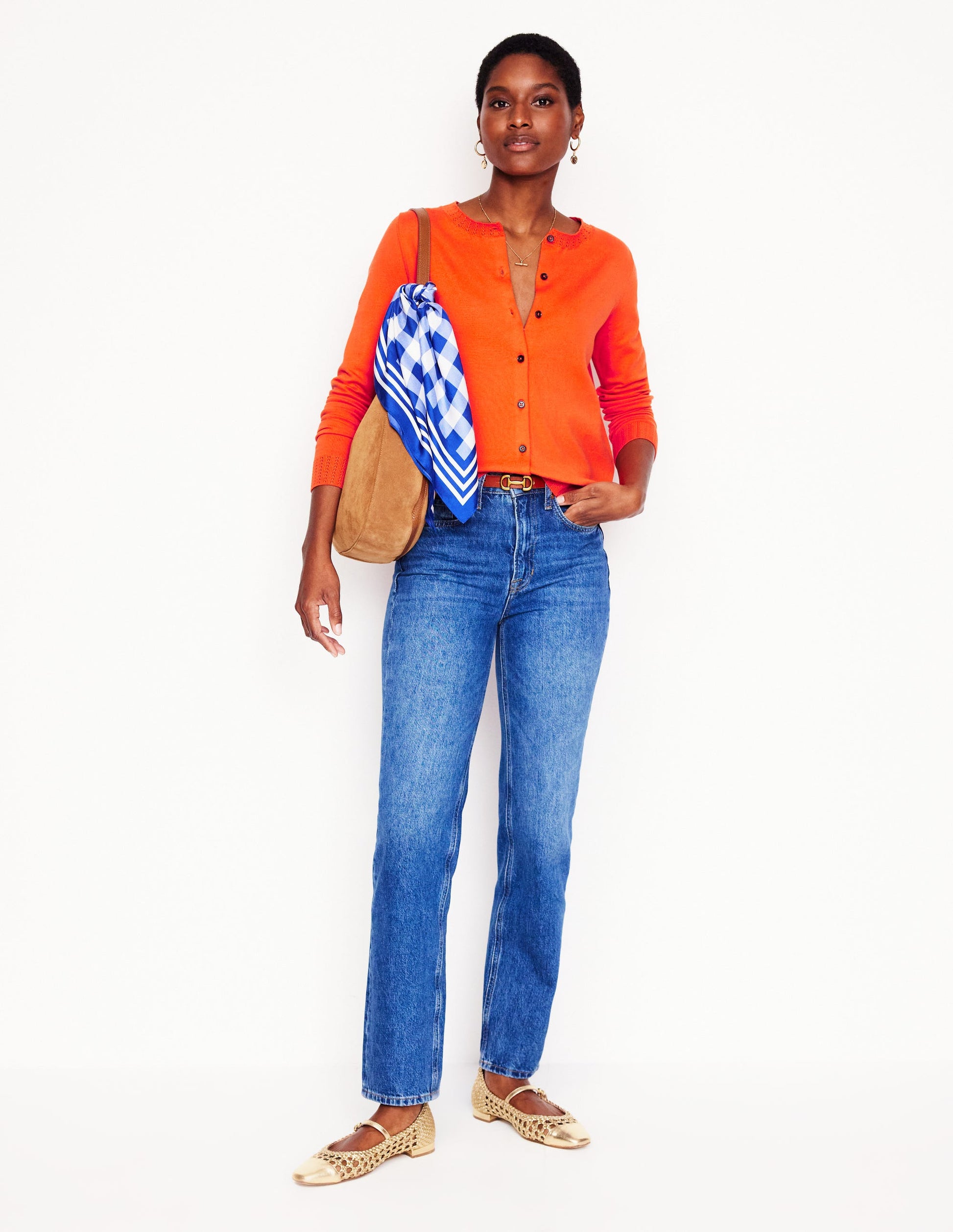 Emilia Cotton Crew Cardigan-Mandarin Orange Boden AU