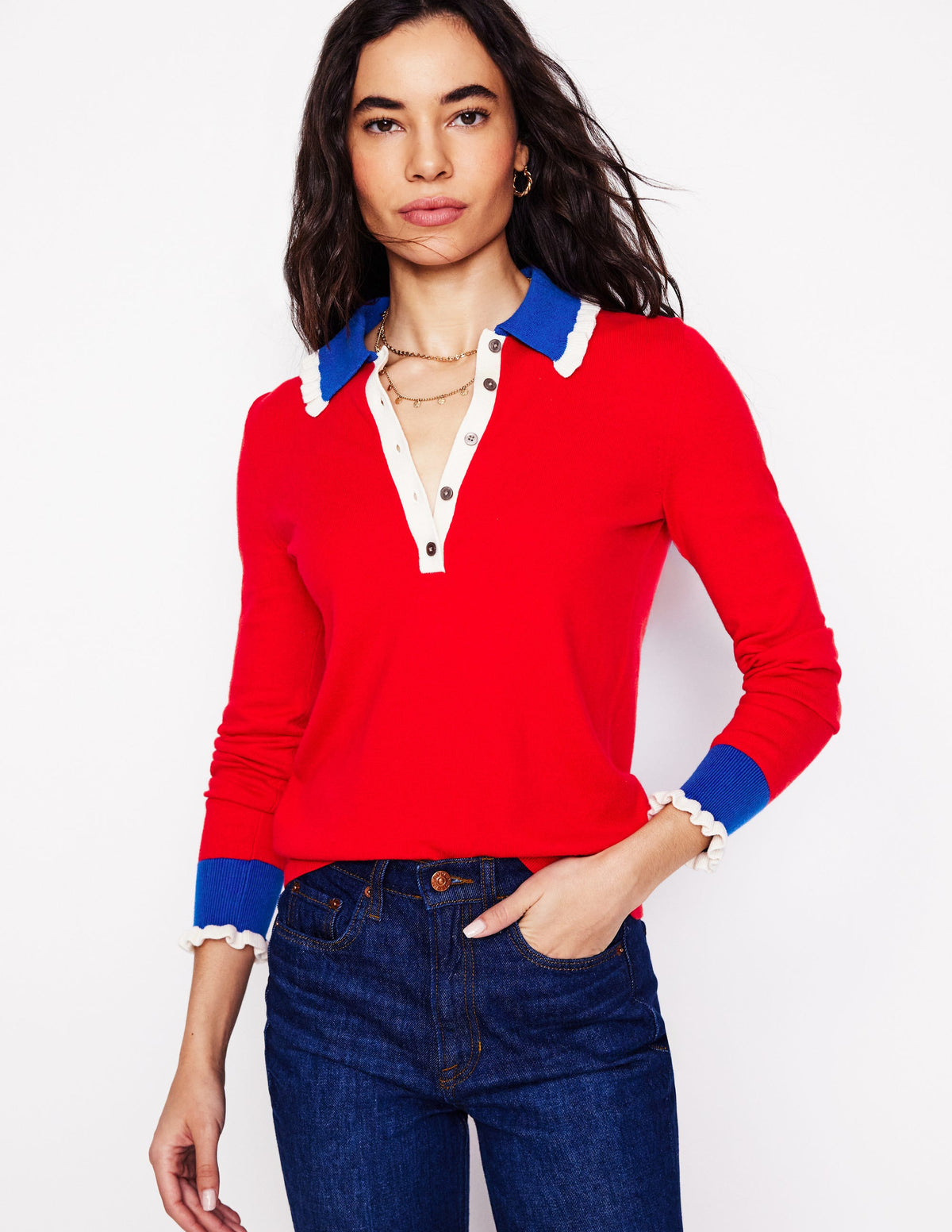 Cotton-Blend Frill Jumper-Poppy Red - Image 1