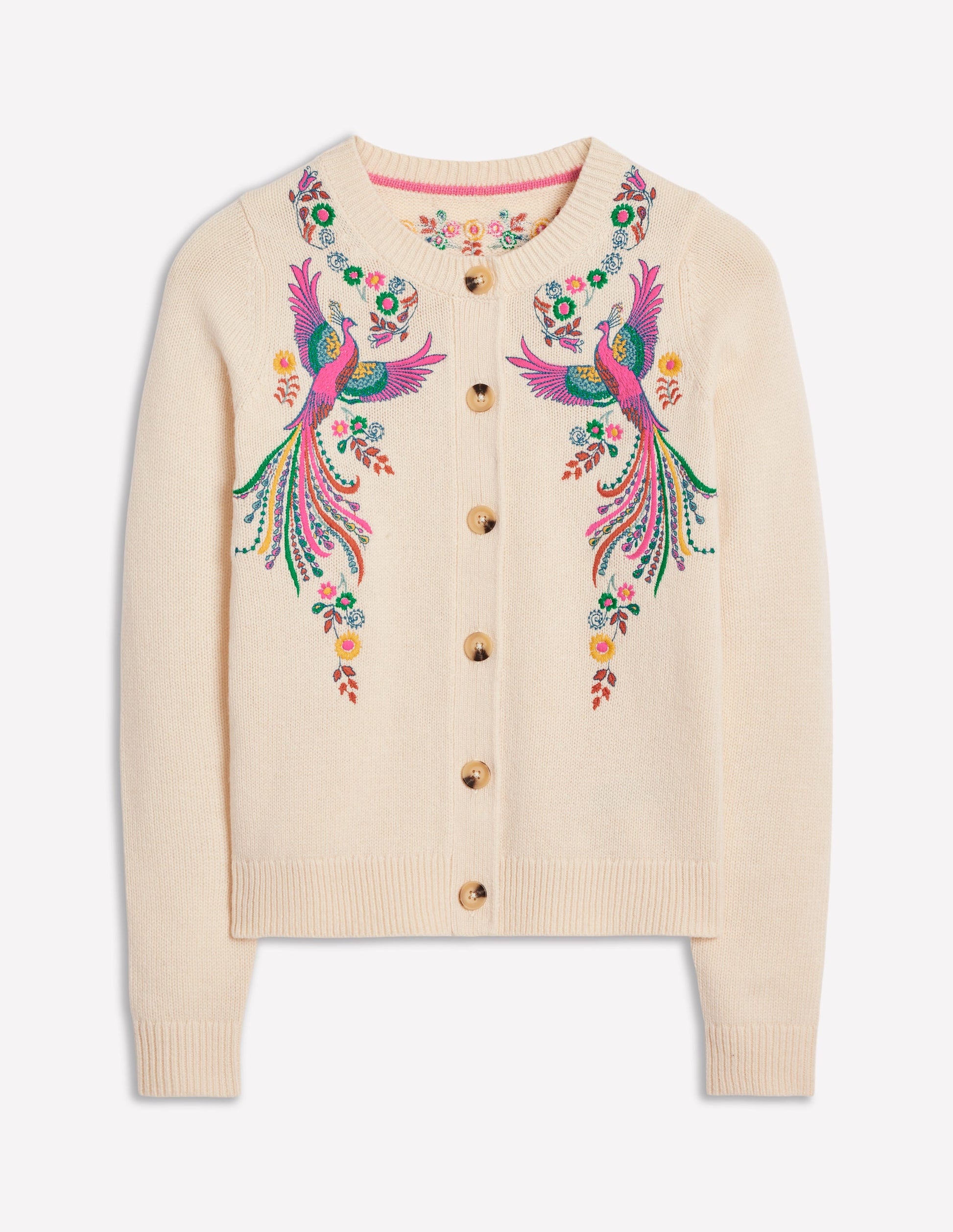 Embroidered Crew Neck Cardigan-Warm Ivory, Peacock-6