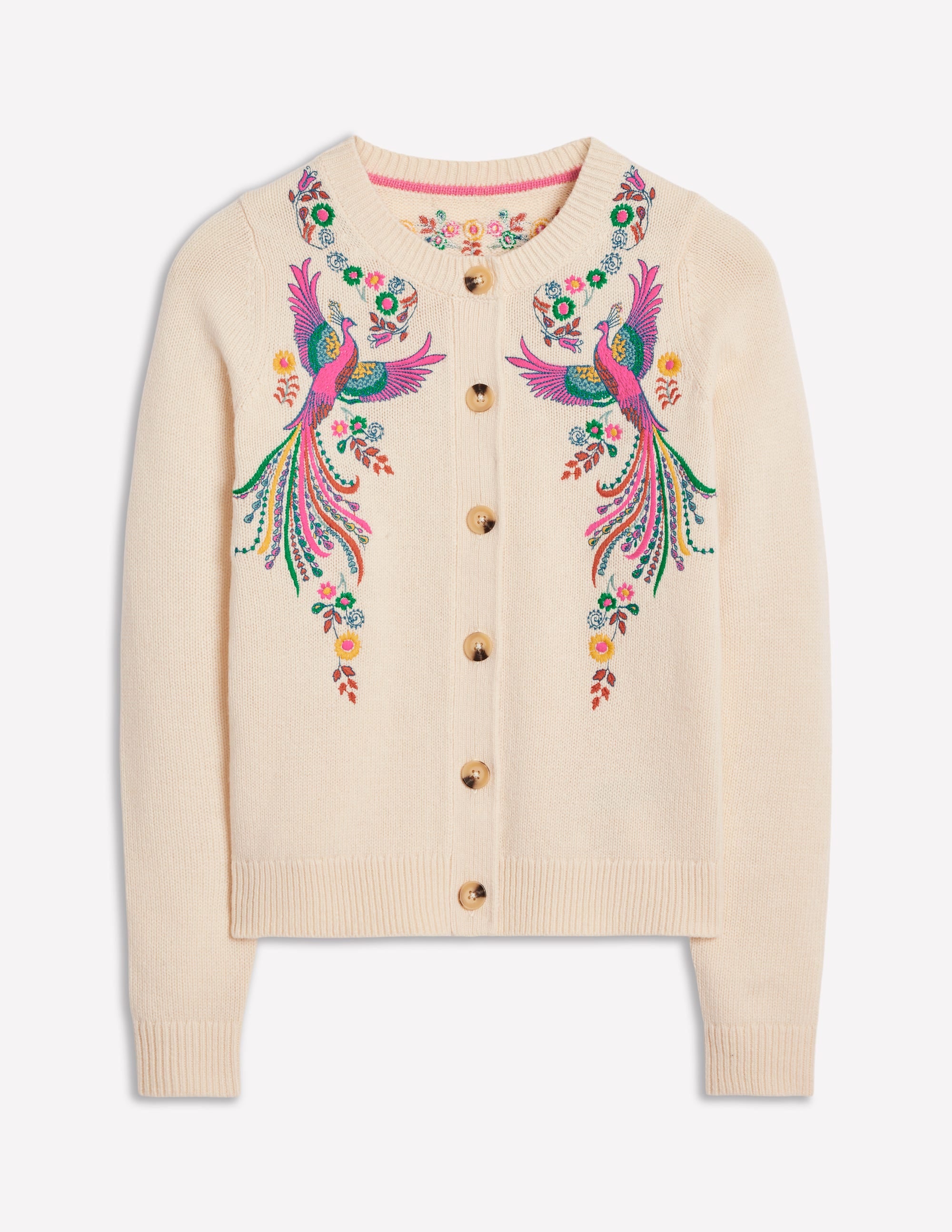 Embroidered Crew Neck Cardigan-Warm Ivory, Peacock - Image 6