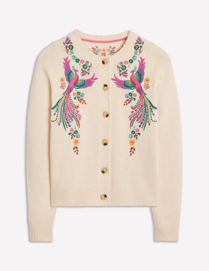 Embroidered Crew Neck Cardigan-Warm Ivory, Peacock-6