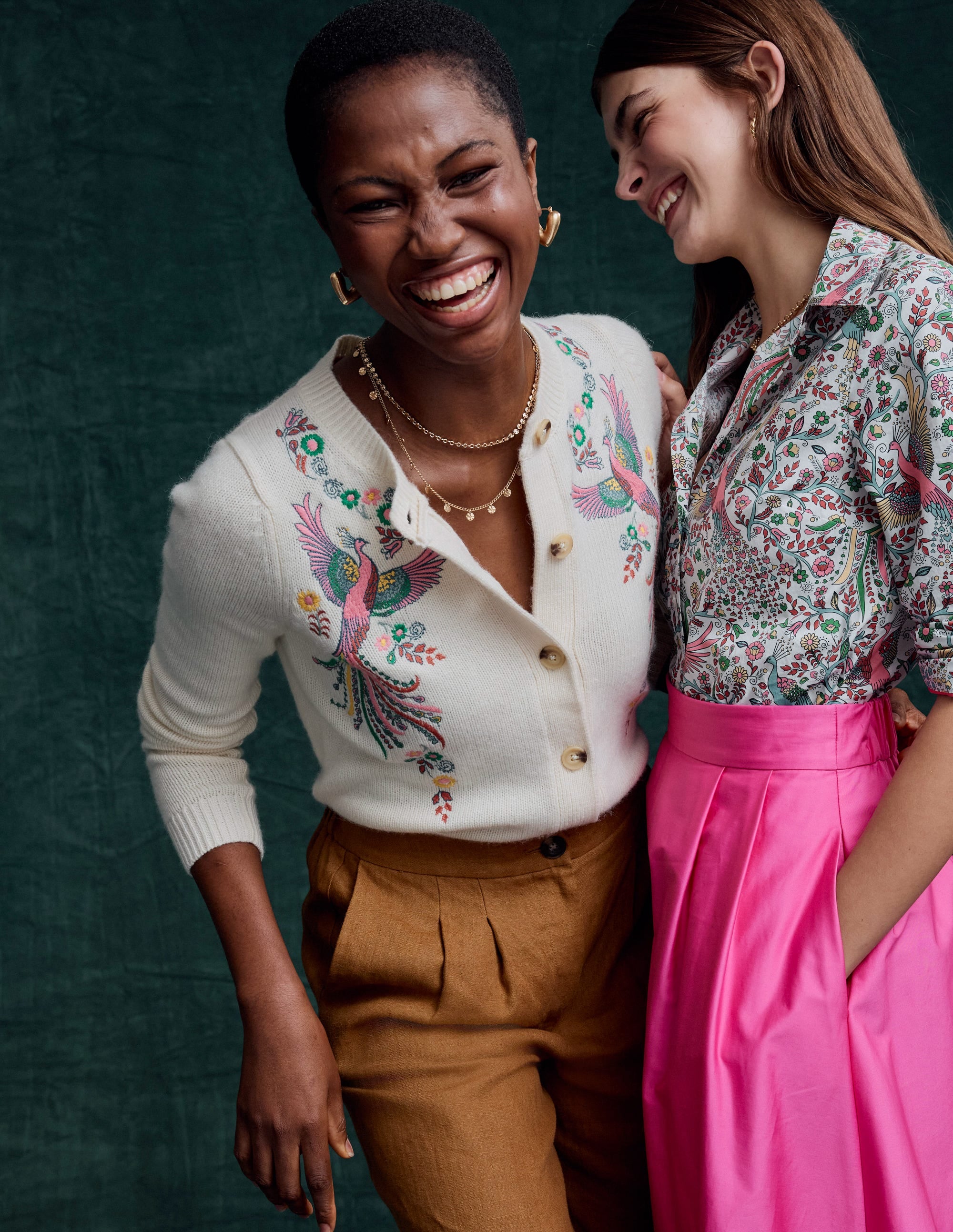 Embroidered Crew Neck Cardigan-Warm Ivory, Peacock - Image 2