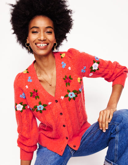 Fluffy Embroidered Cardigan-Firecracker Red-1