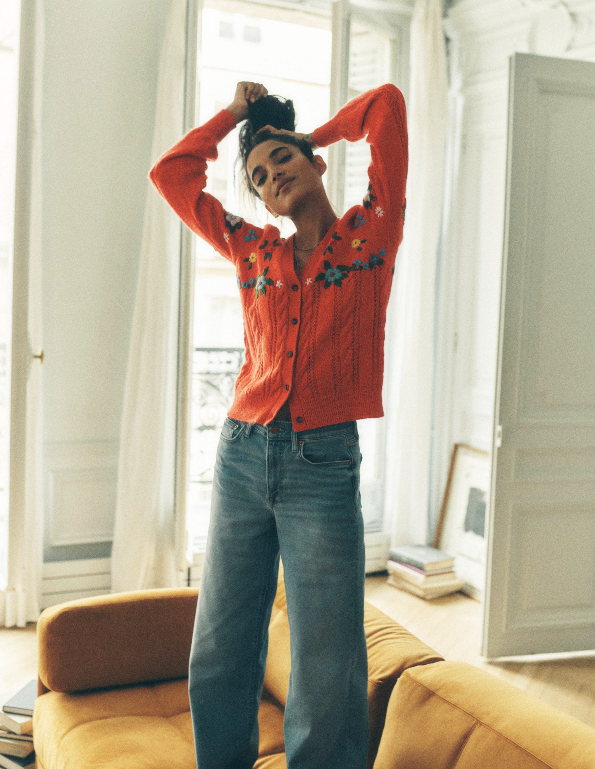 Fluffy Embroidered Cardigan-Firecracker Red-2