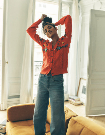 Fluffy Embroidered Cardigan-Firecracker Red-2