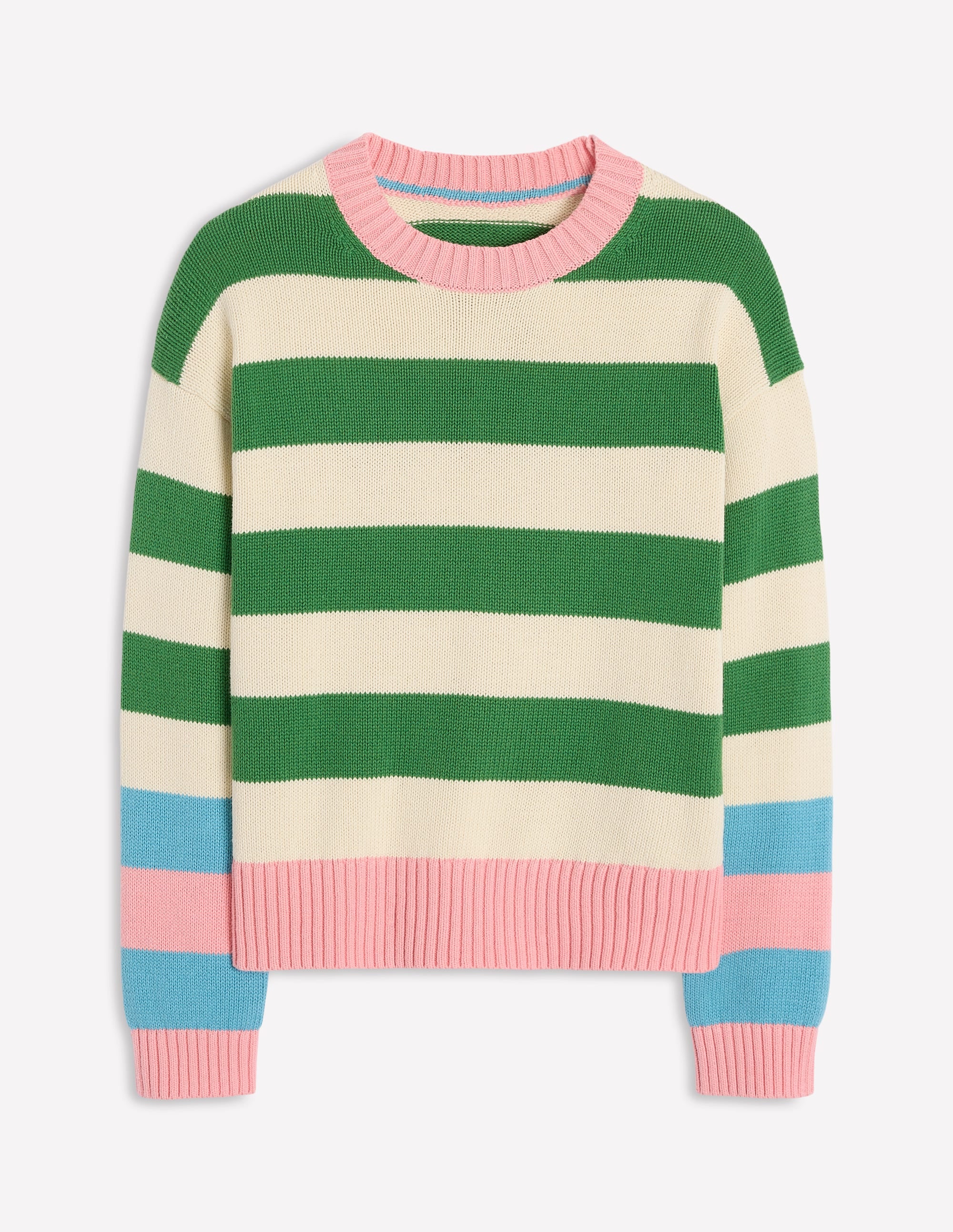 Lucinda Cotton Striped Jumper-Paradise Green, Pink Cuff - Image 5