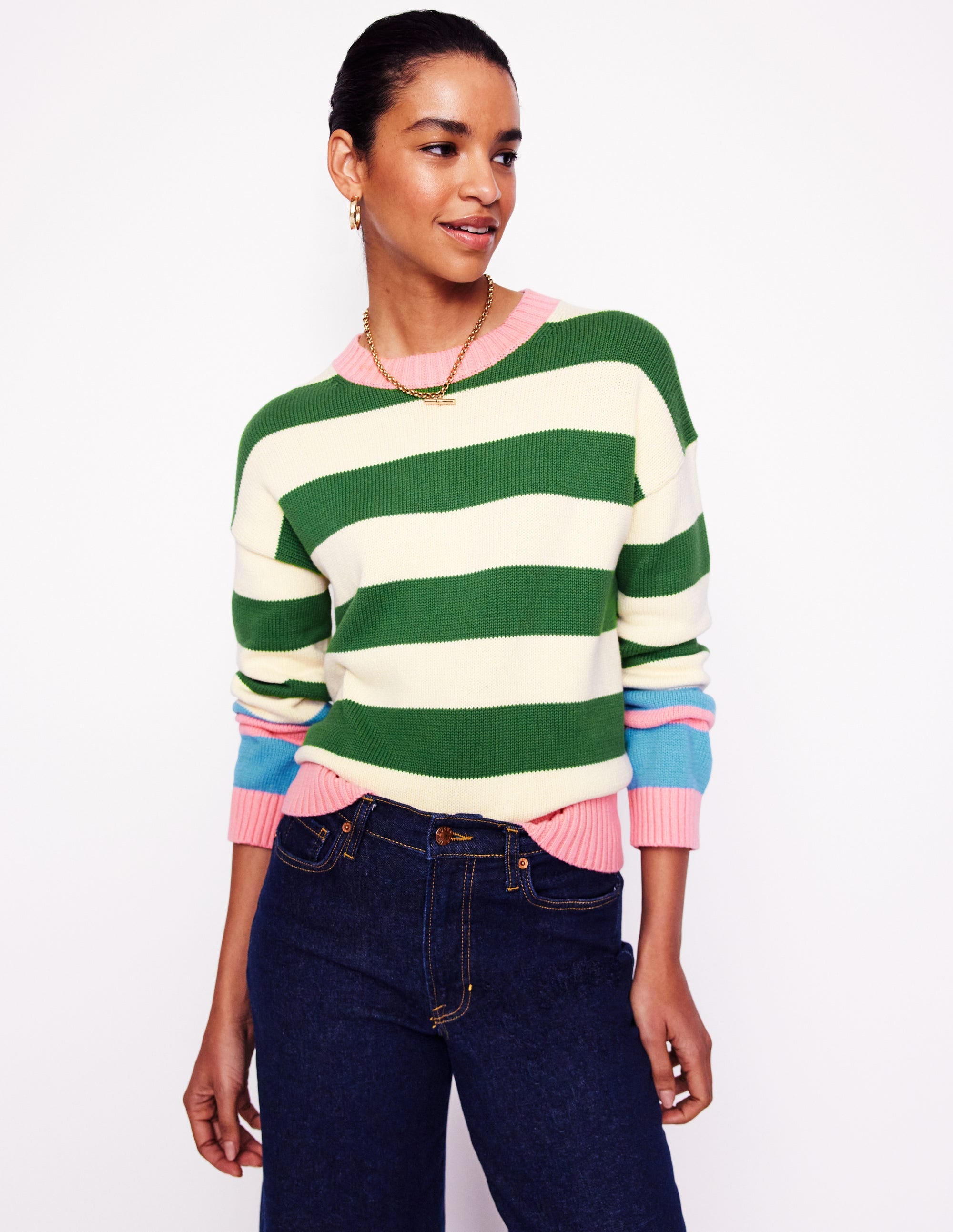 Lucinda Cotton Striped Jumper-Paradise Green, Pink Cuff - Image 1