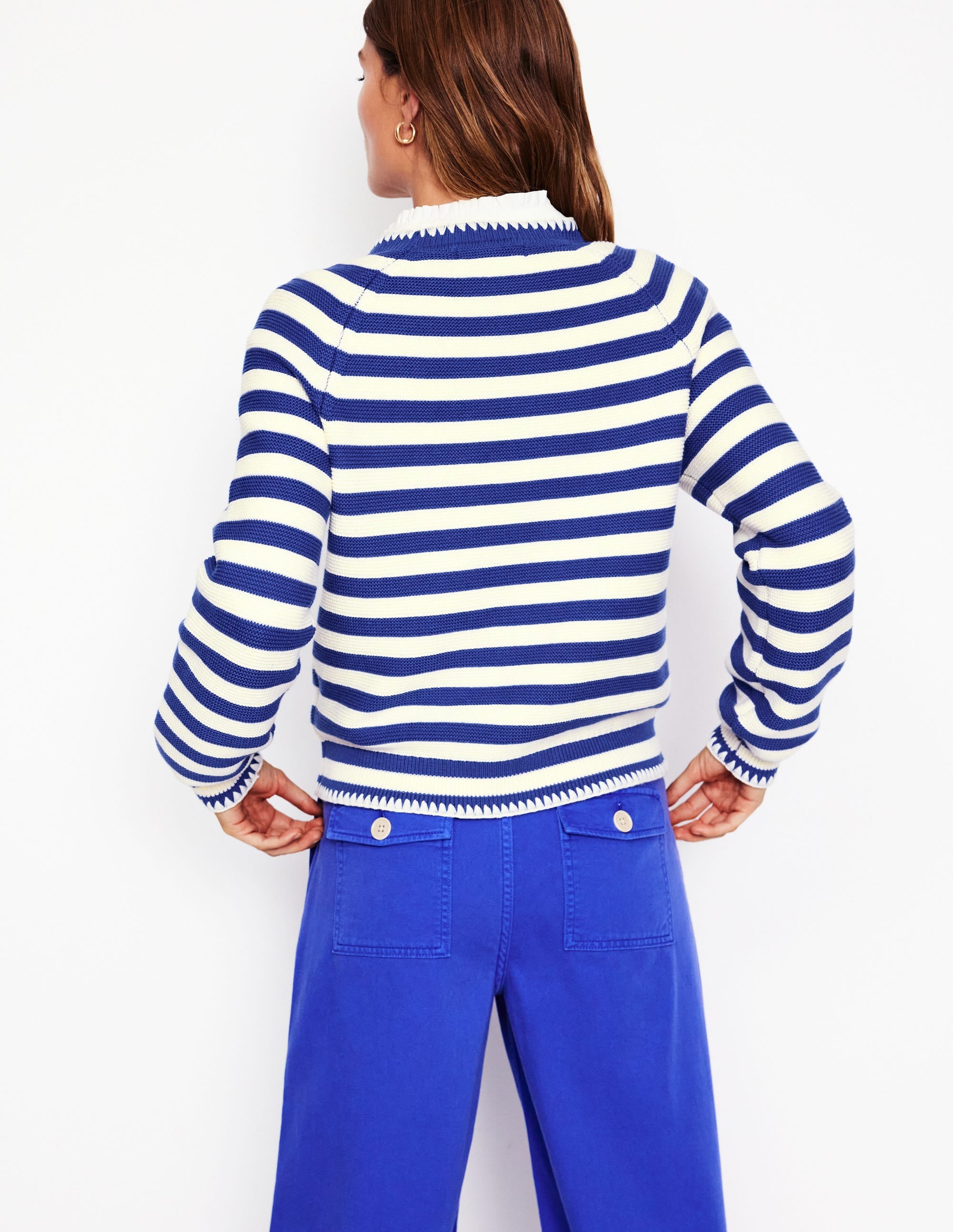 Lena Stitch Detail Jumper-Bright Blue and Ivory Stripe - Image 3