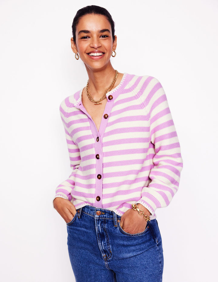 Lena Stitch Detail Cardigan-Soft Lavender and Ivory Stripe