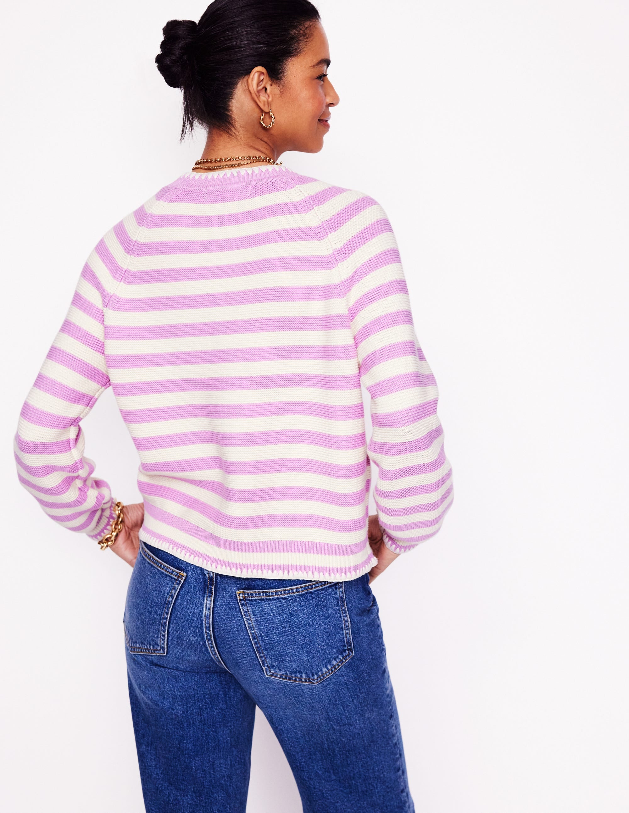 Lena Stitch Detail Cardigan-Soft Lavender and Ivory Stripe - Image 3