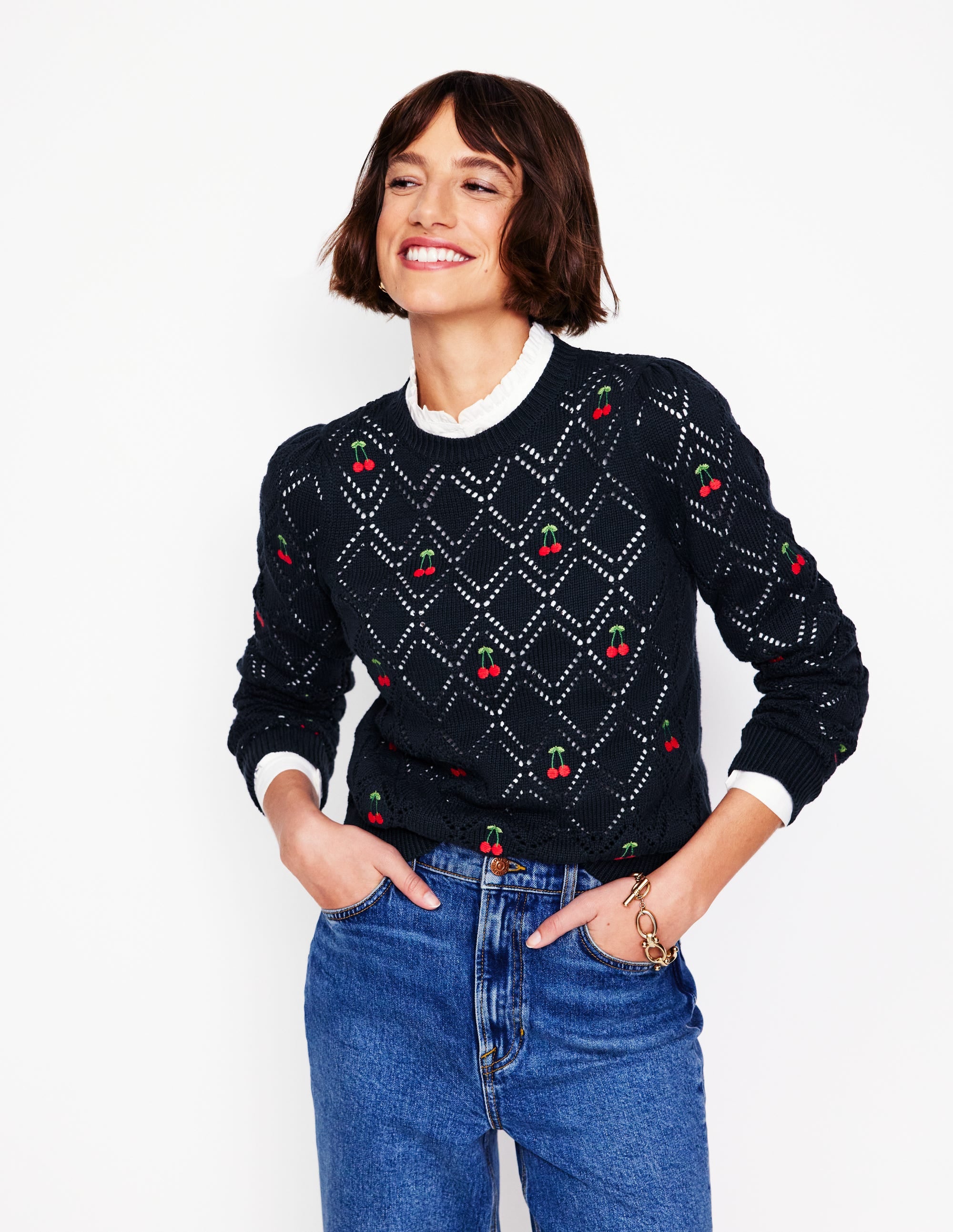Enid Embroidered Jumper-Navy, Cherries - Image 1