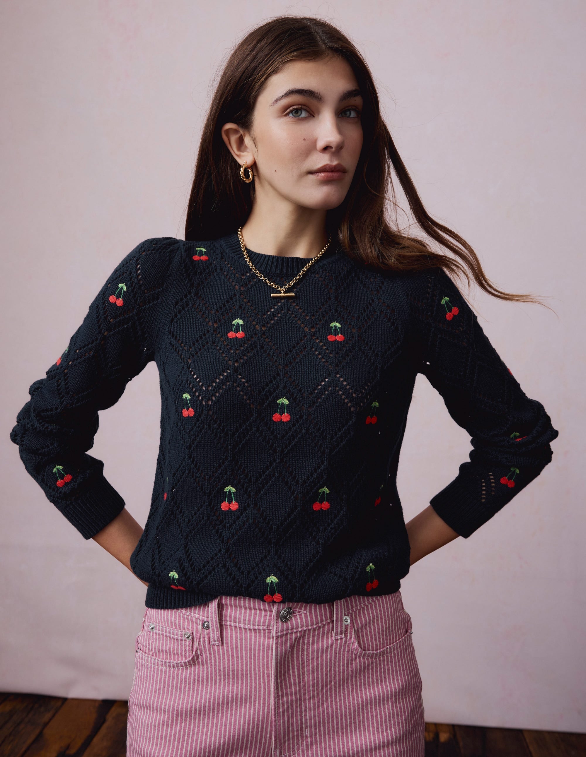 Enid Embroidered Jumper-Navy, Cherries - Image 2