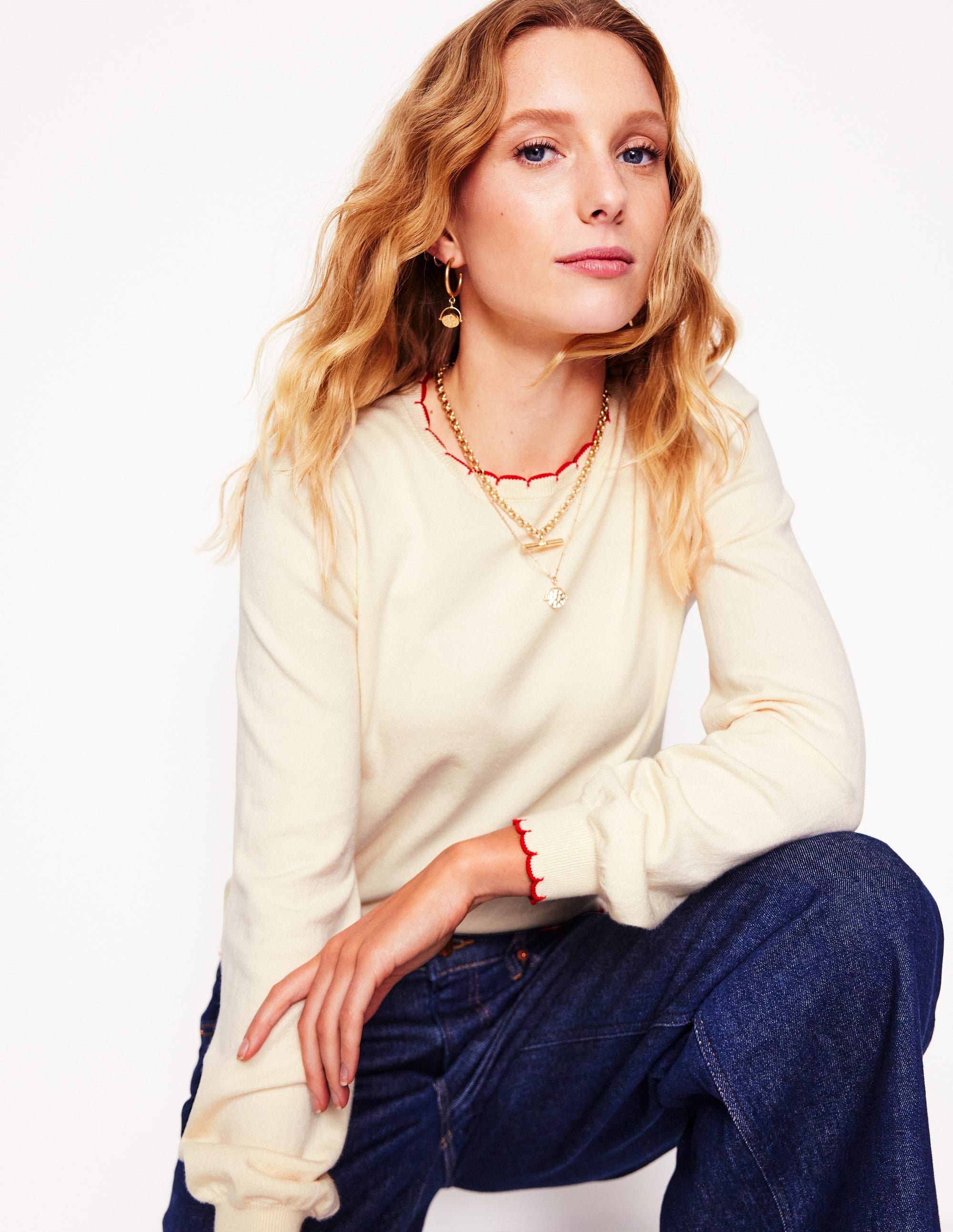 Pru Scallop Trim Jumper-Warm Ivory - Image 5