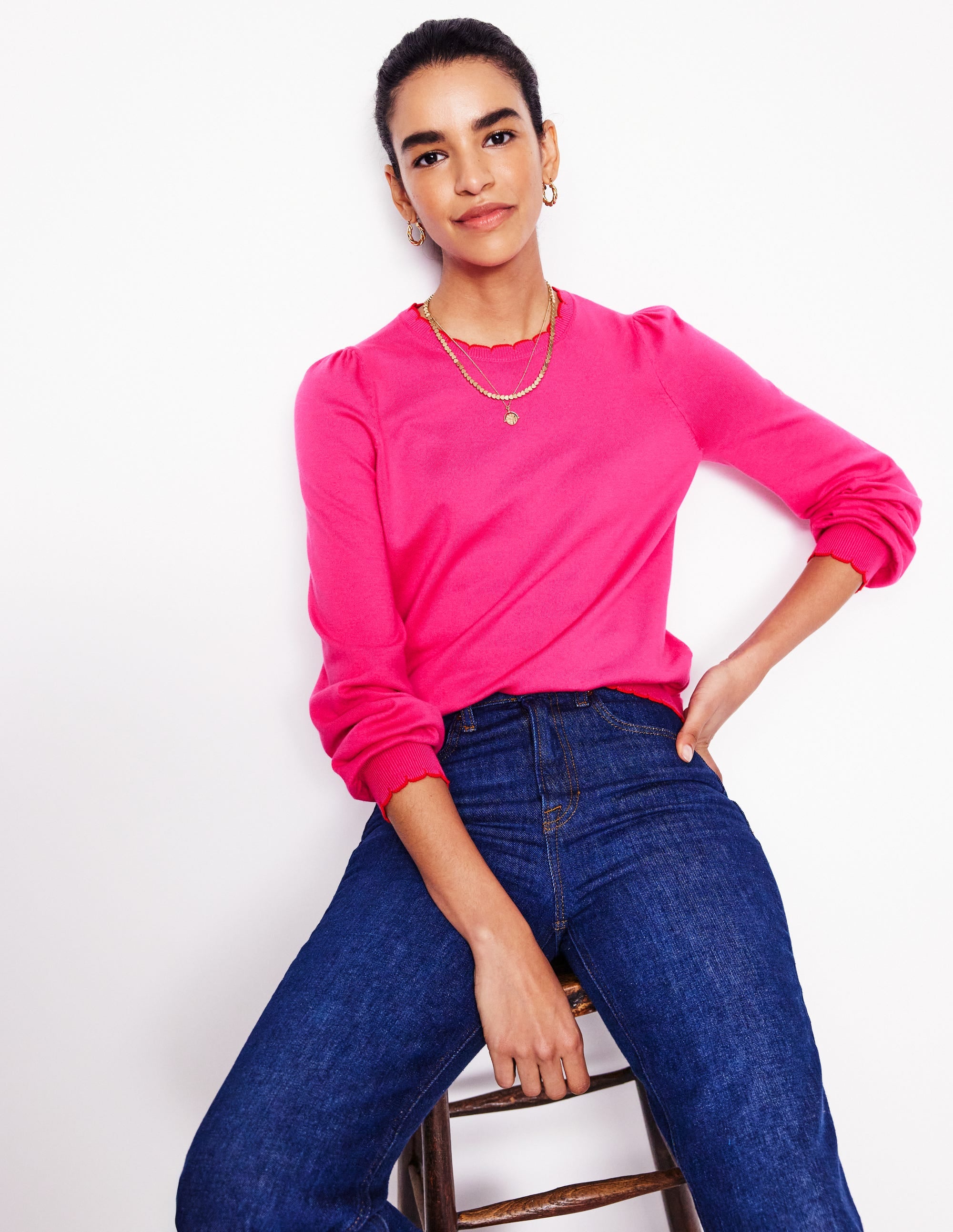 Pru Scallop Trim Jumper-Pink Peony - Image 1