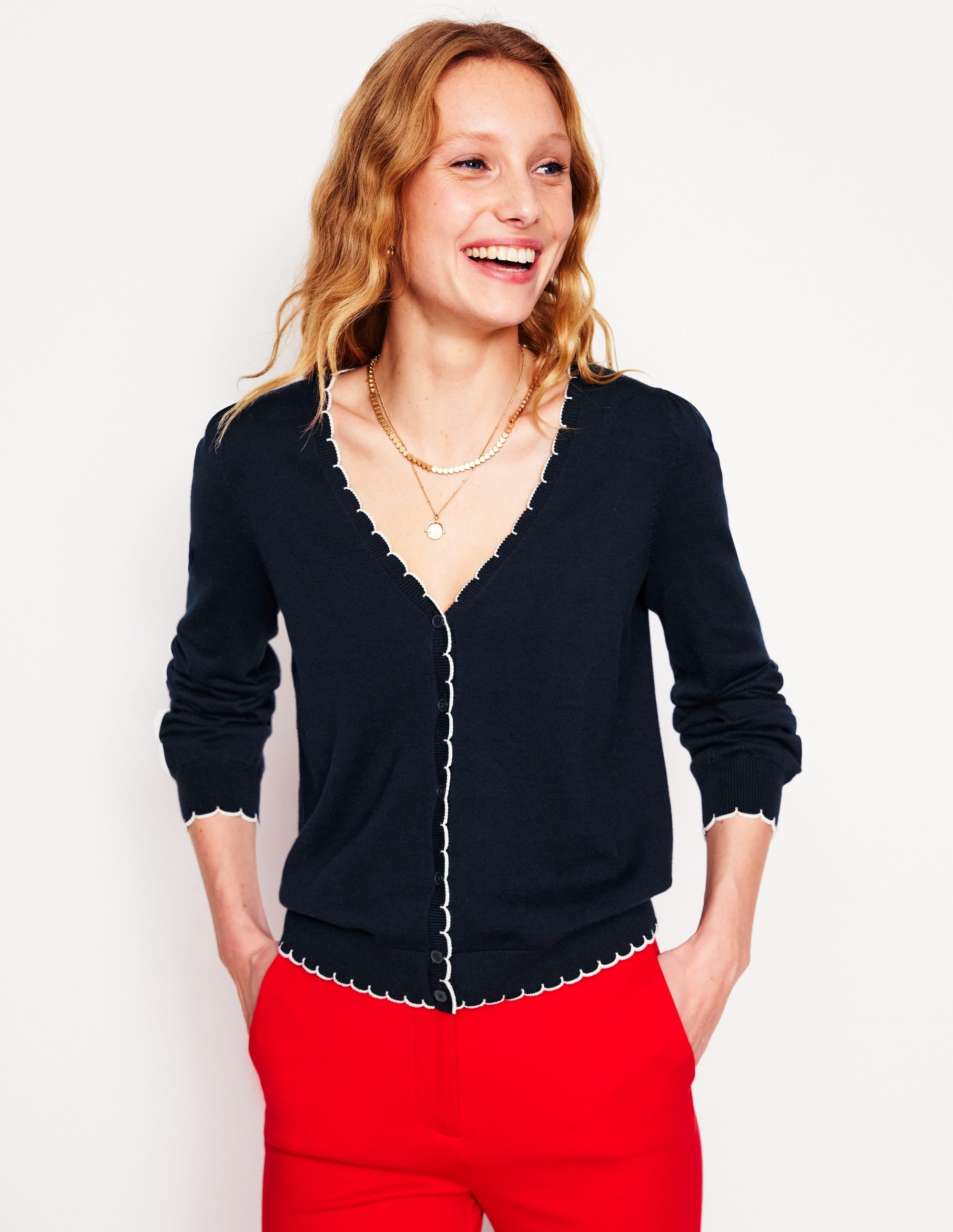 Pru Scallop Trim Cardigan-Navy - Image 1