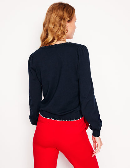 Pru Scallop Trim Cardigan-Navy-3