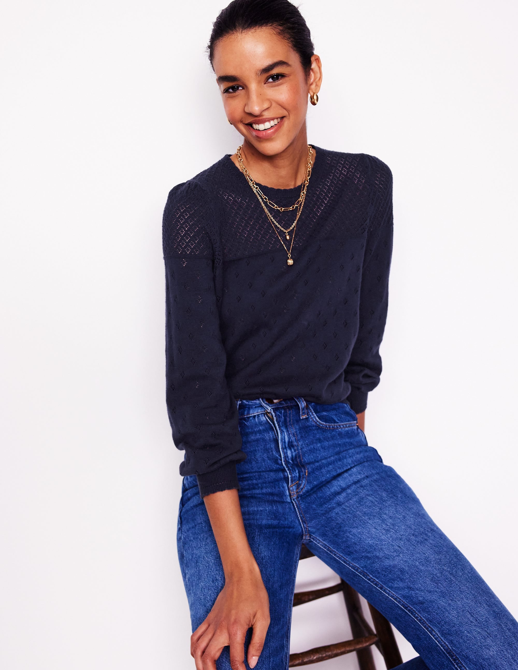 Rosalie Pointelle Jumper-Navy - Image 1