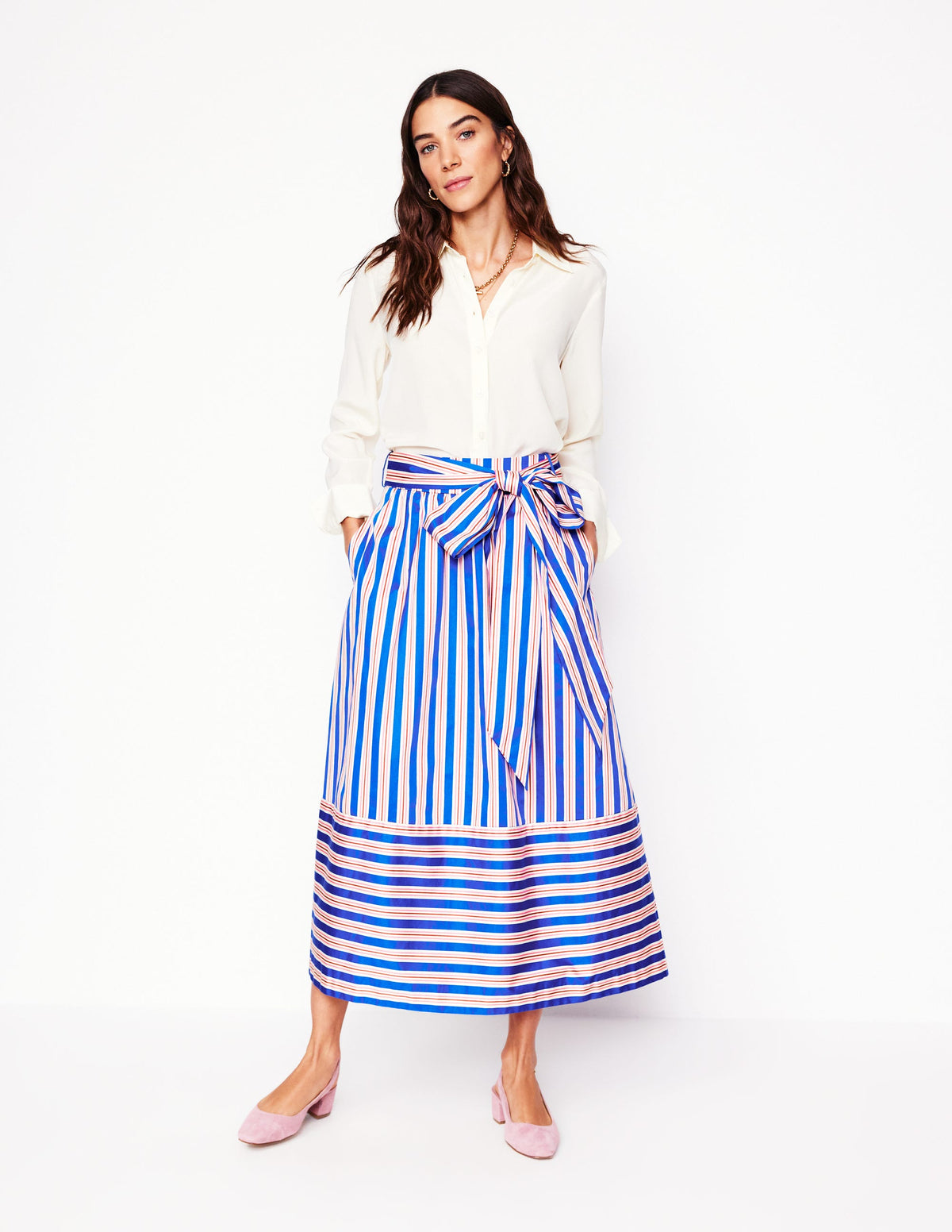 Tie Belt Sateen Midi Skirt-Blue and Terracotta Stripe - Image 1