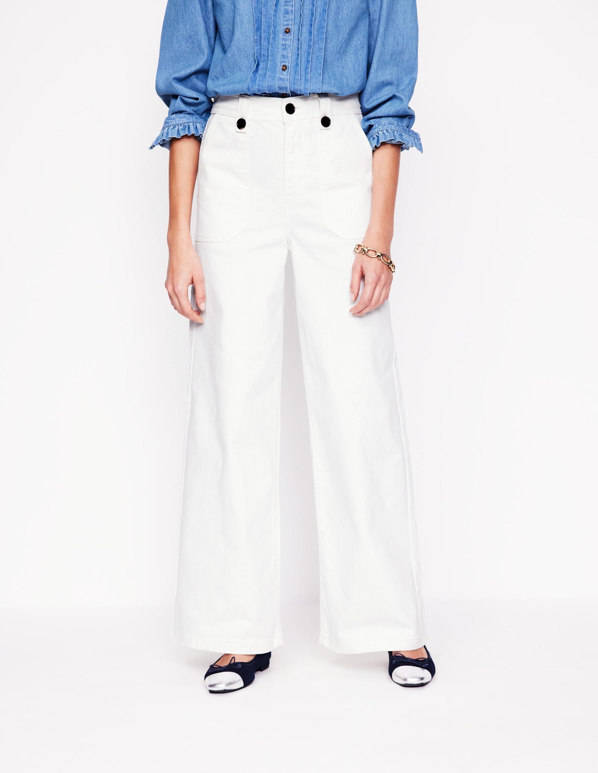 Mid Rise Button Detail Jeans-Ecru - Image 4