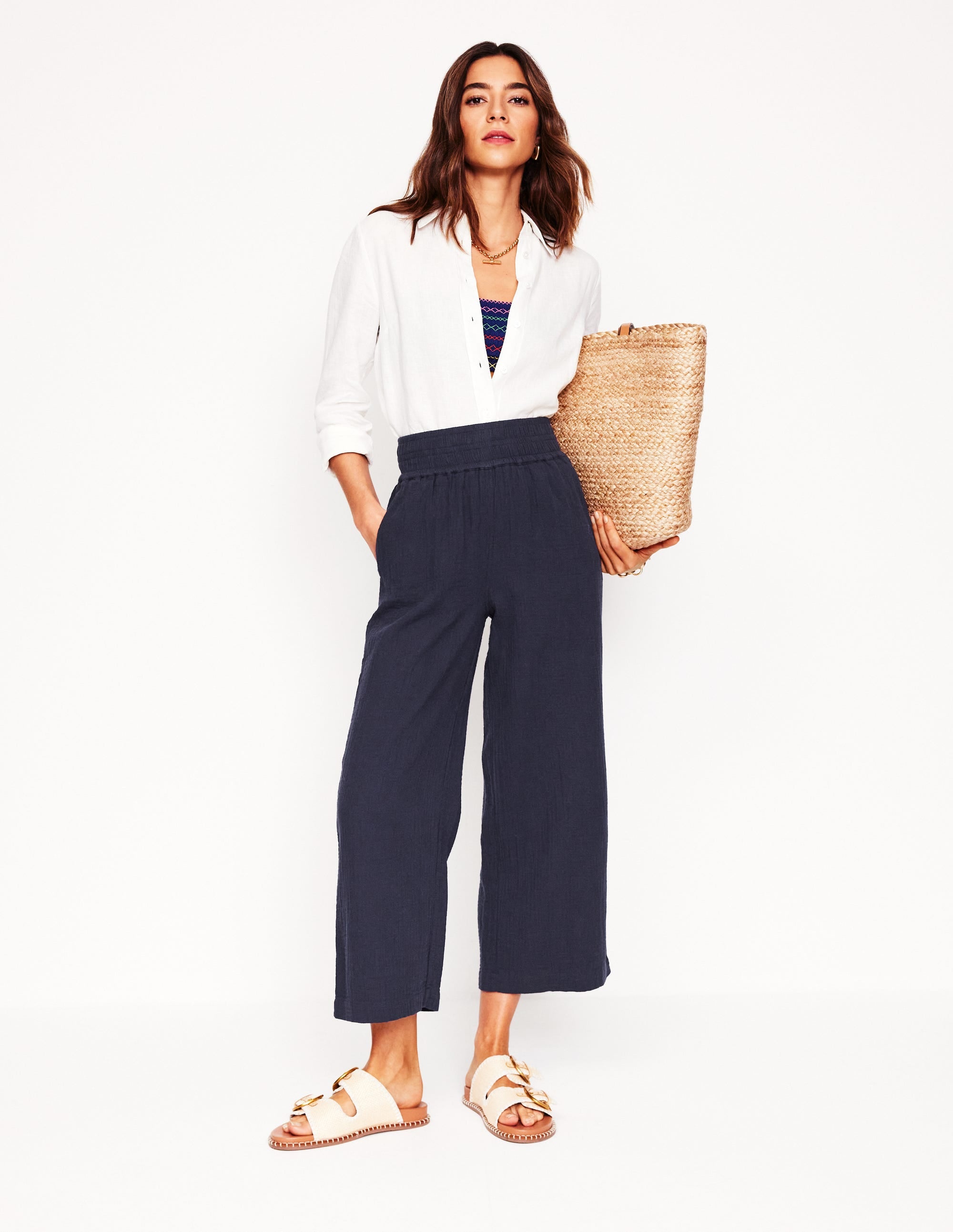 Cropped Double Cloth Trousers-Navy - Image 1