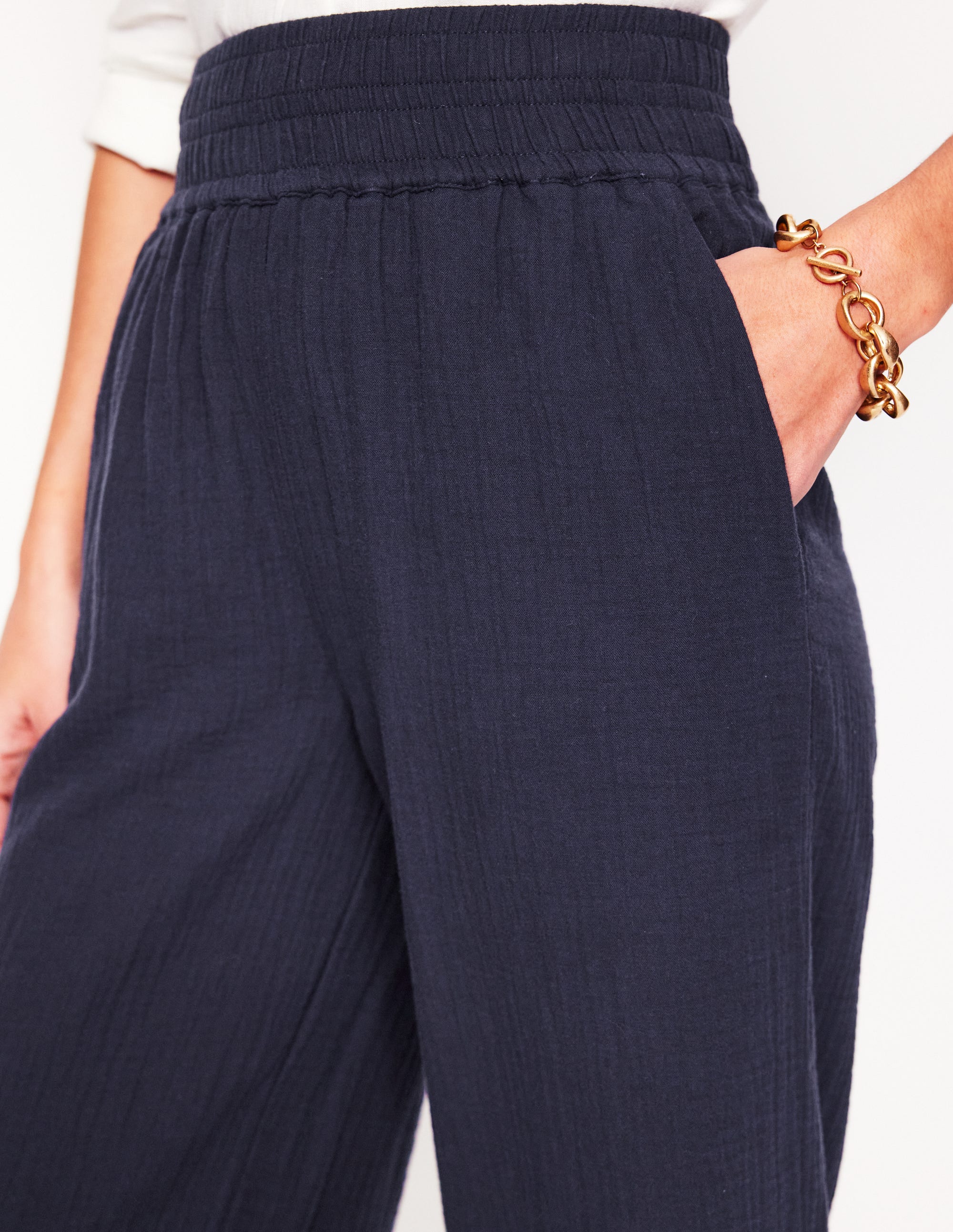Cropped Double Cloth Trousers-Navy - Image 2