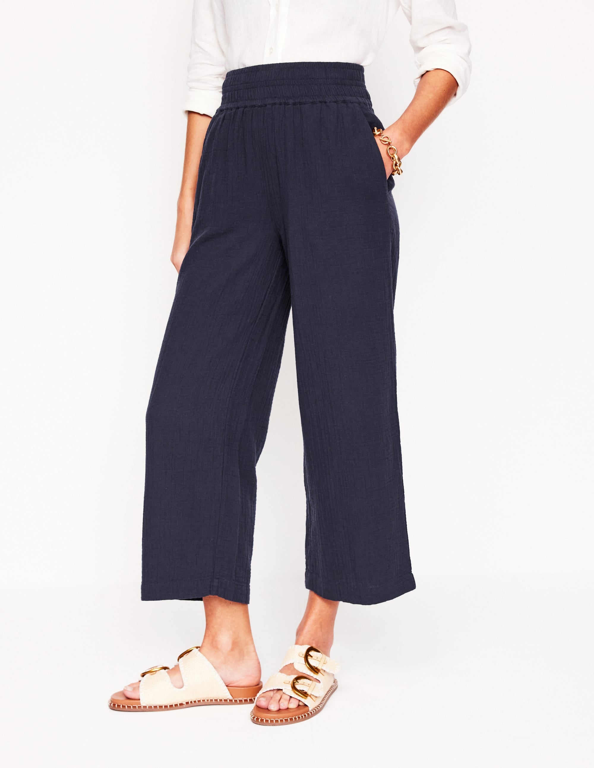 Cropped Double Cloth Trousers-Navy - Image 5